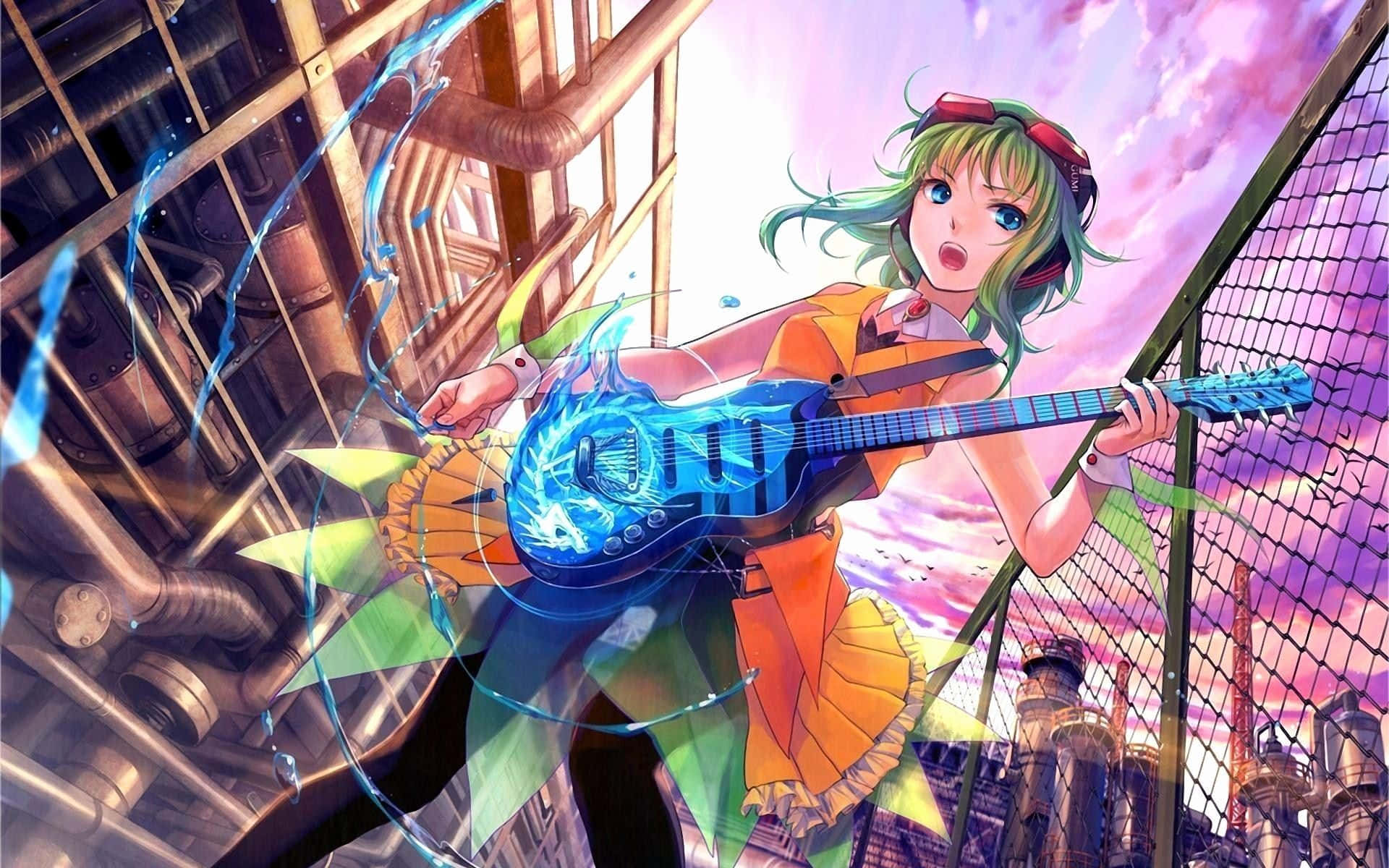 green hair, glowing blue electric guitar, industrial pipes, Full HD Desktop Wallpaper