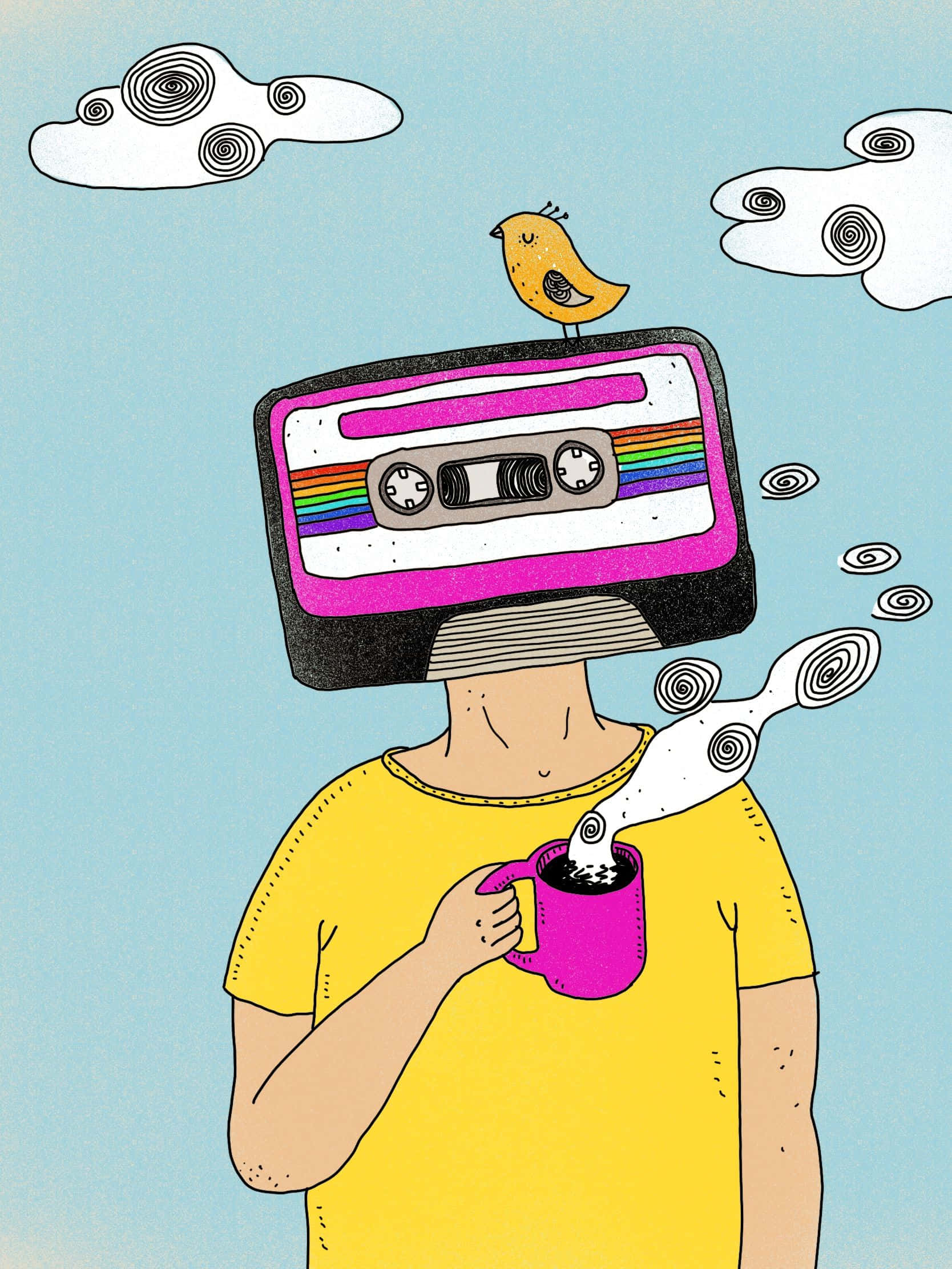 cassette tape head, yellow shirt, pink mug, Full HD Phone Wallpaper