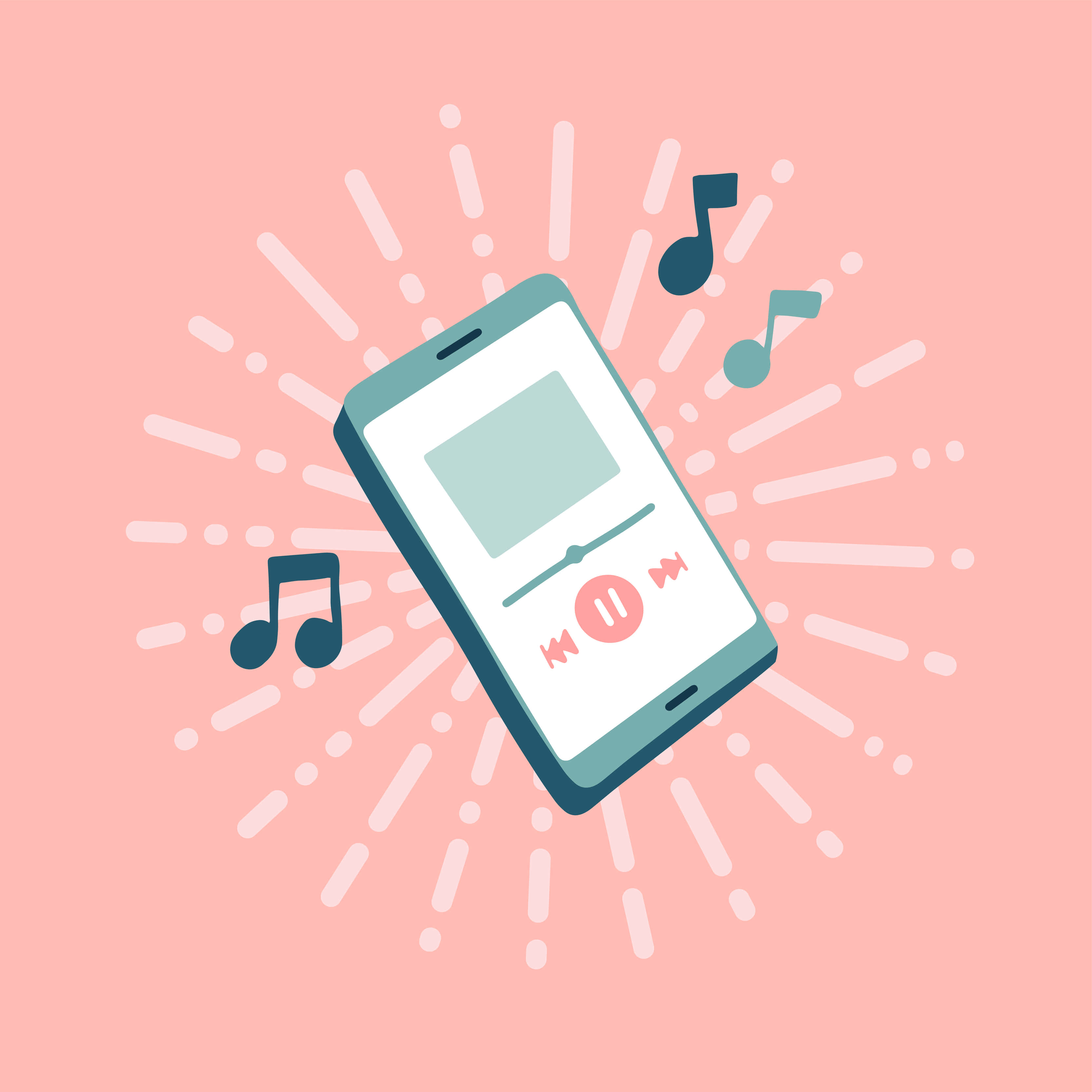 cartoon music, stylized smartphone, floating notes, 2K Desktop Wallpaper