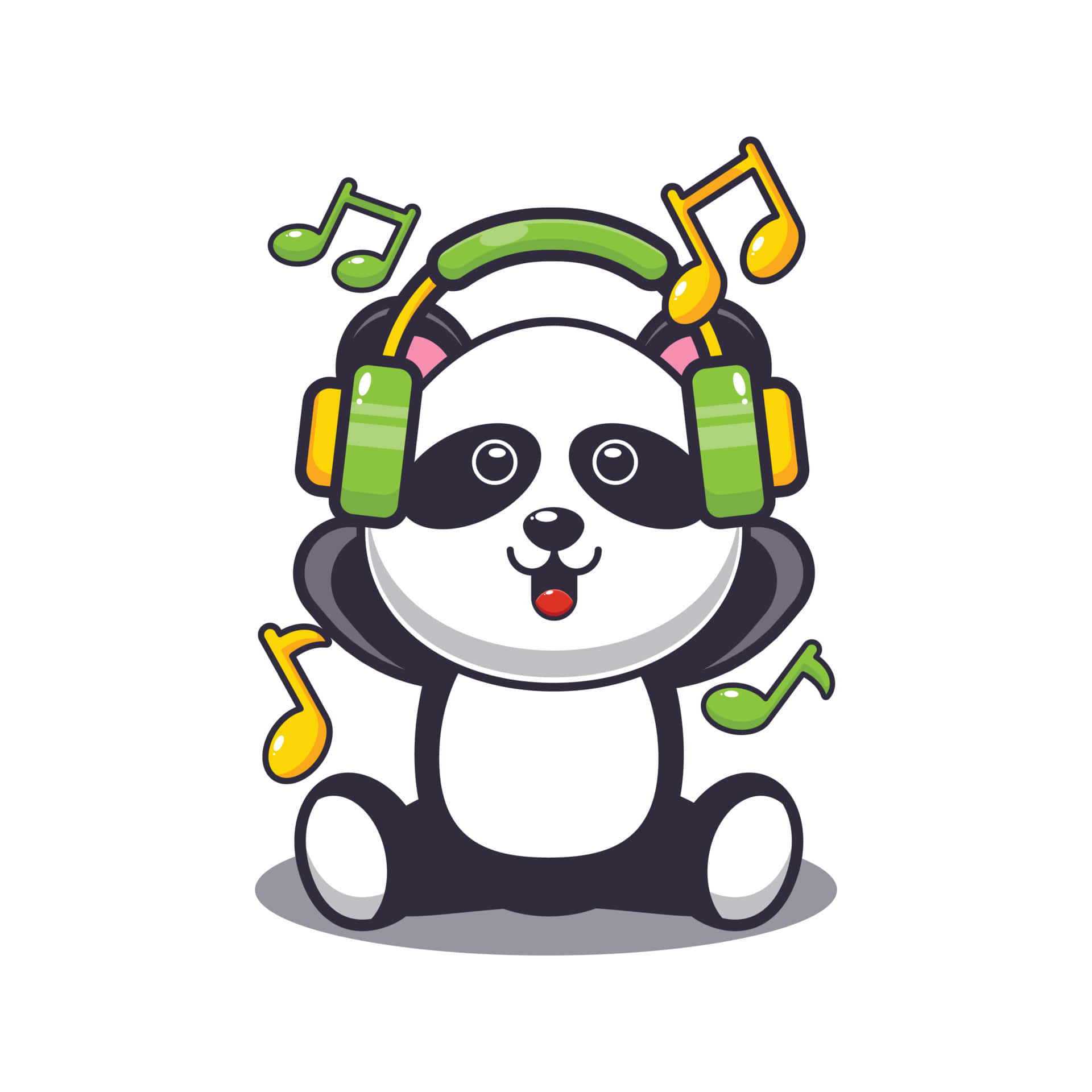 cartoon panda, colorful headphones, musical notes, Full HD Desktop Wallpaper
