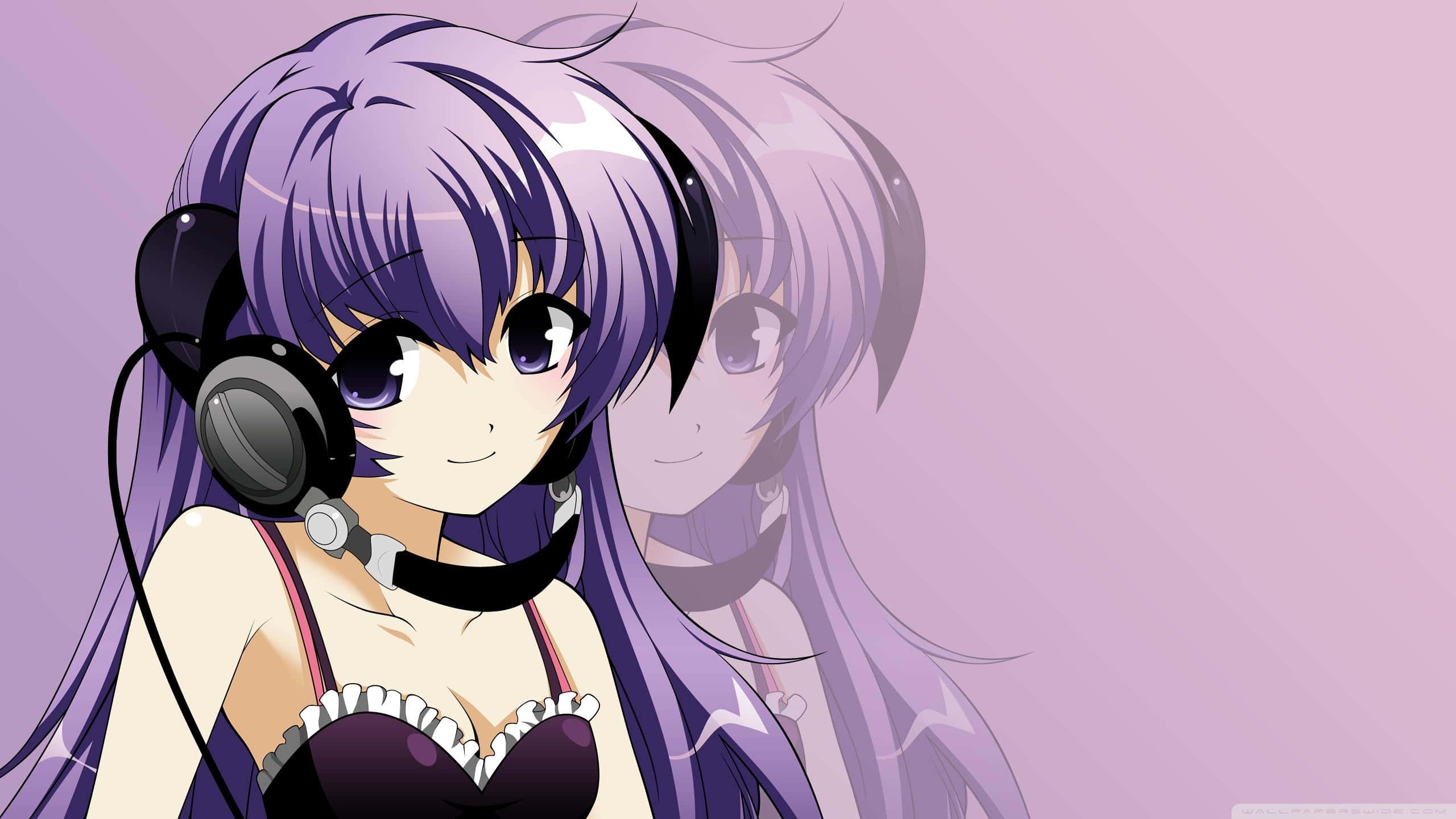 anime girl, purple hair, headphones, 2K Desktop Wallpaper