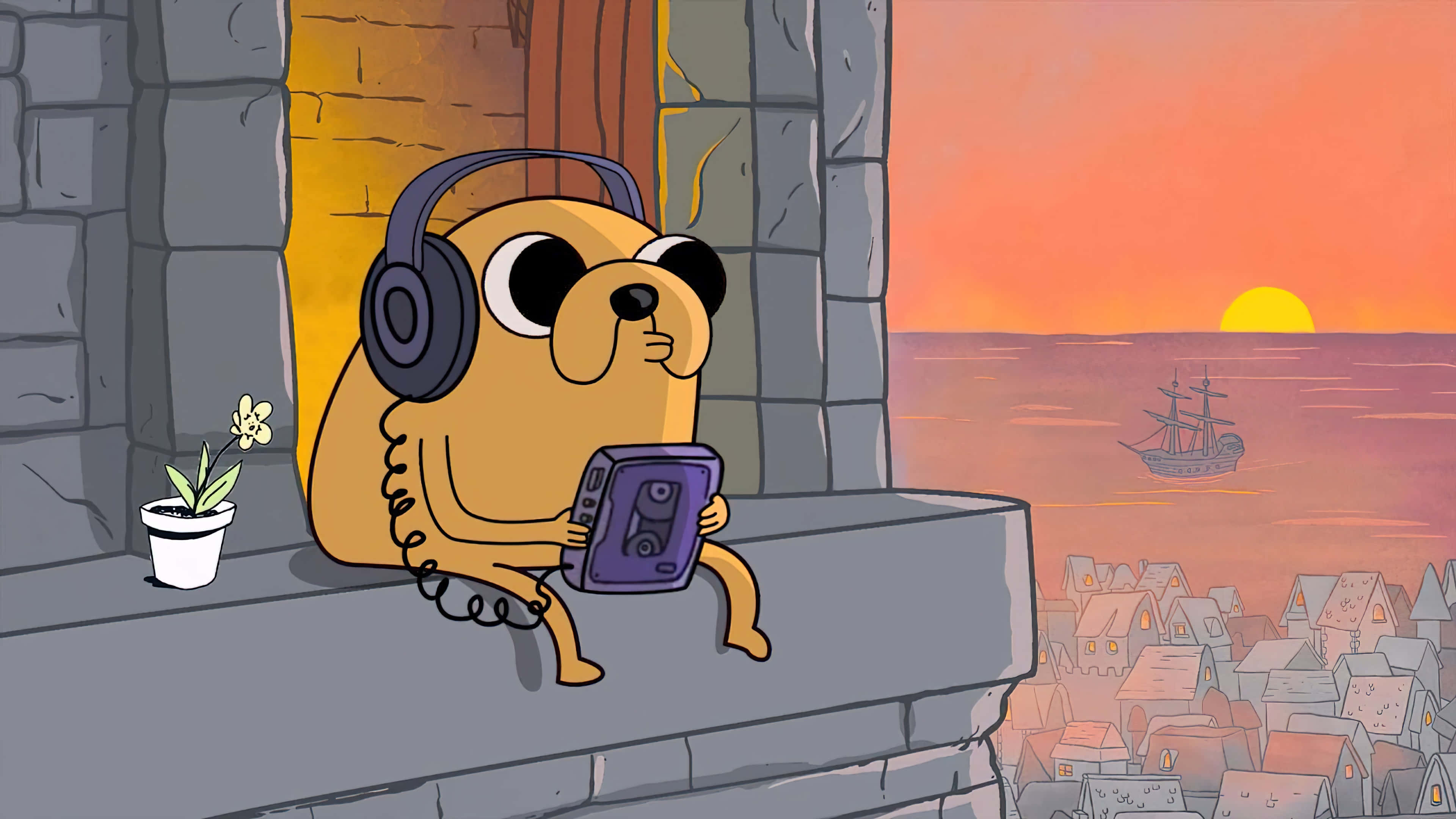 cartoon dog, headphones, cassette tape, 4K Desktop Wallpaper