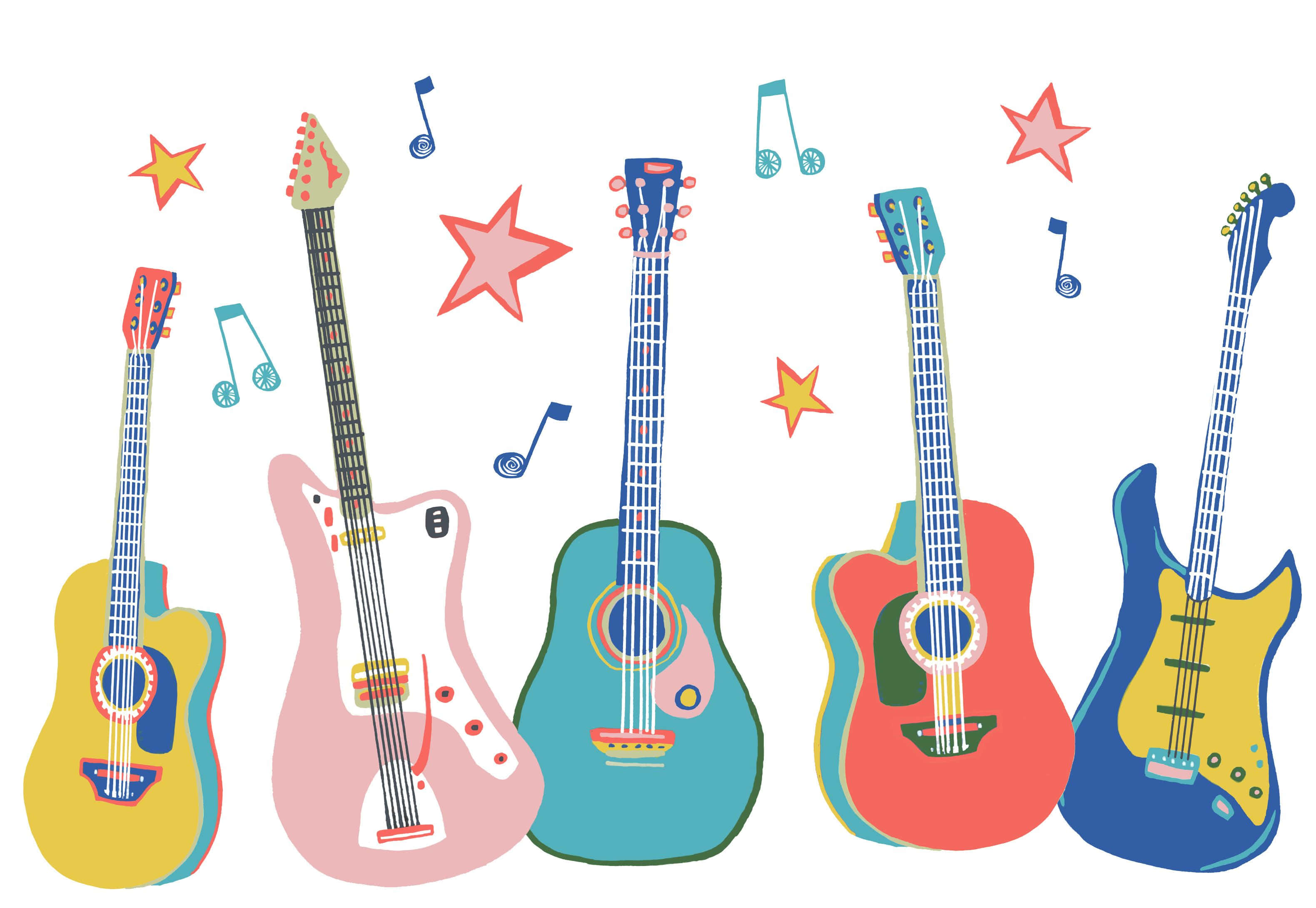 cartoon music, five colorful cartoon guitars, stars, 2K Desktop Wallpaper