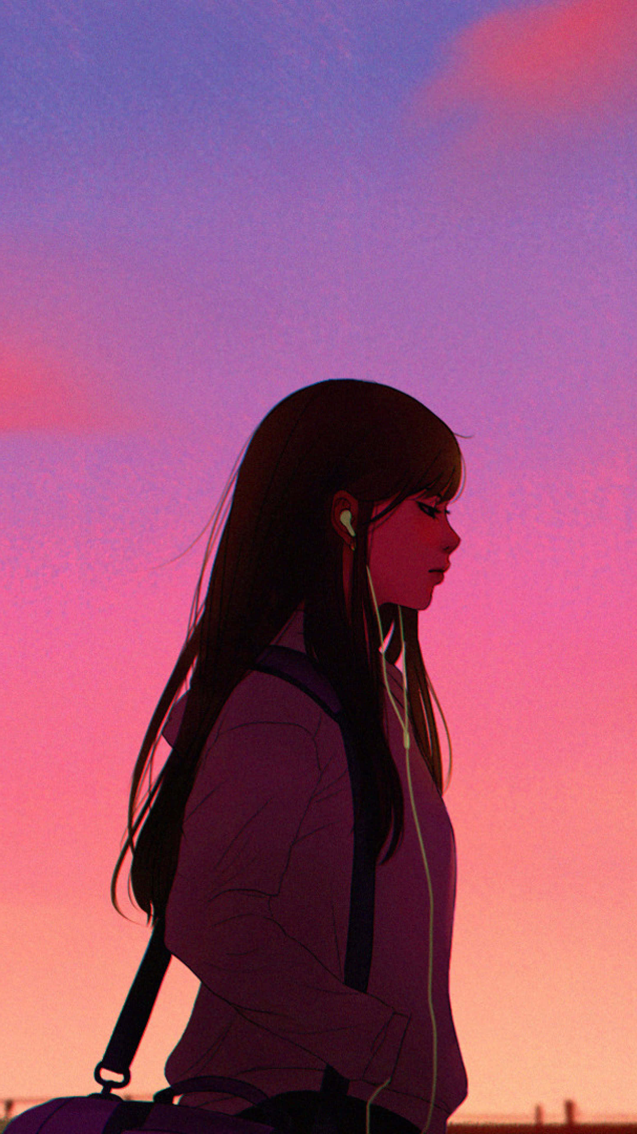 Cartoon Music, vibrant pink and purple sunset sky, young woman with long dark hair, 4K Phone Wallpaper