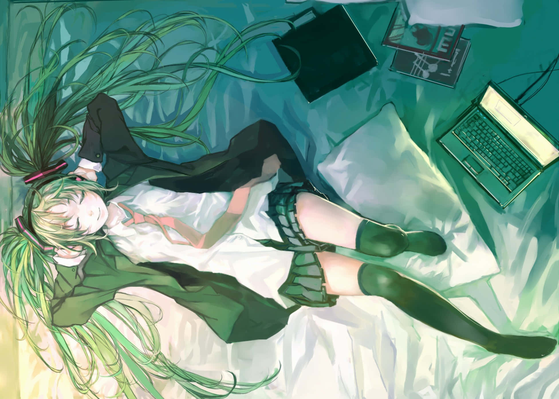 green-haired anime girl, teal lighting, scattered tech gadgets, Full HD Desktop Wallpaper