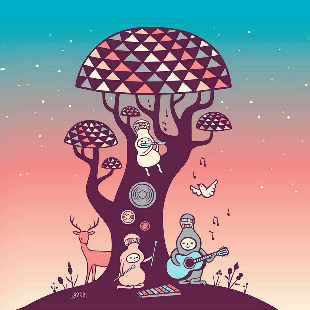 Cartoon Geometric Tree, music notes, musical creatures, SD Desktop Wallpaper