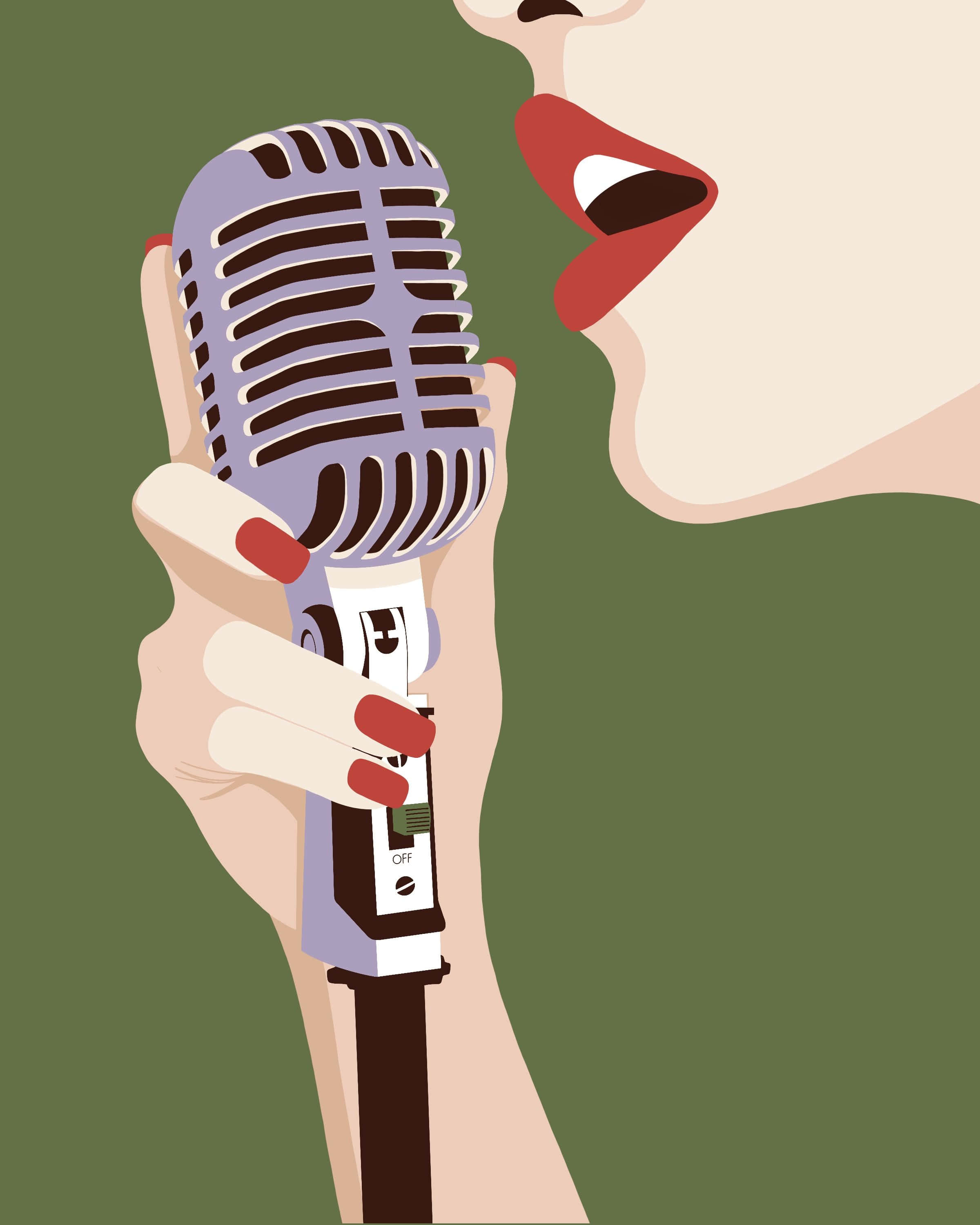 Cartoon Music, vintage microphone, red lips, 2K Phone Wallpaper