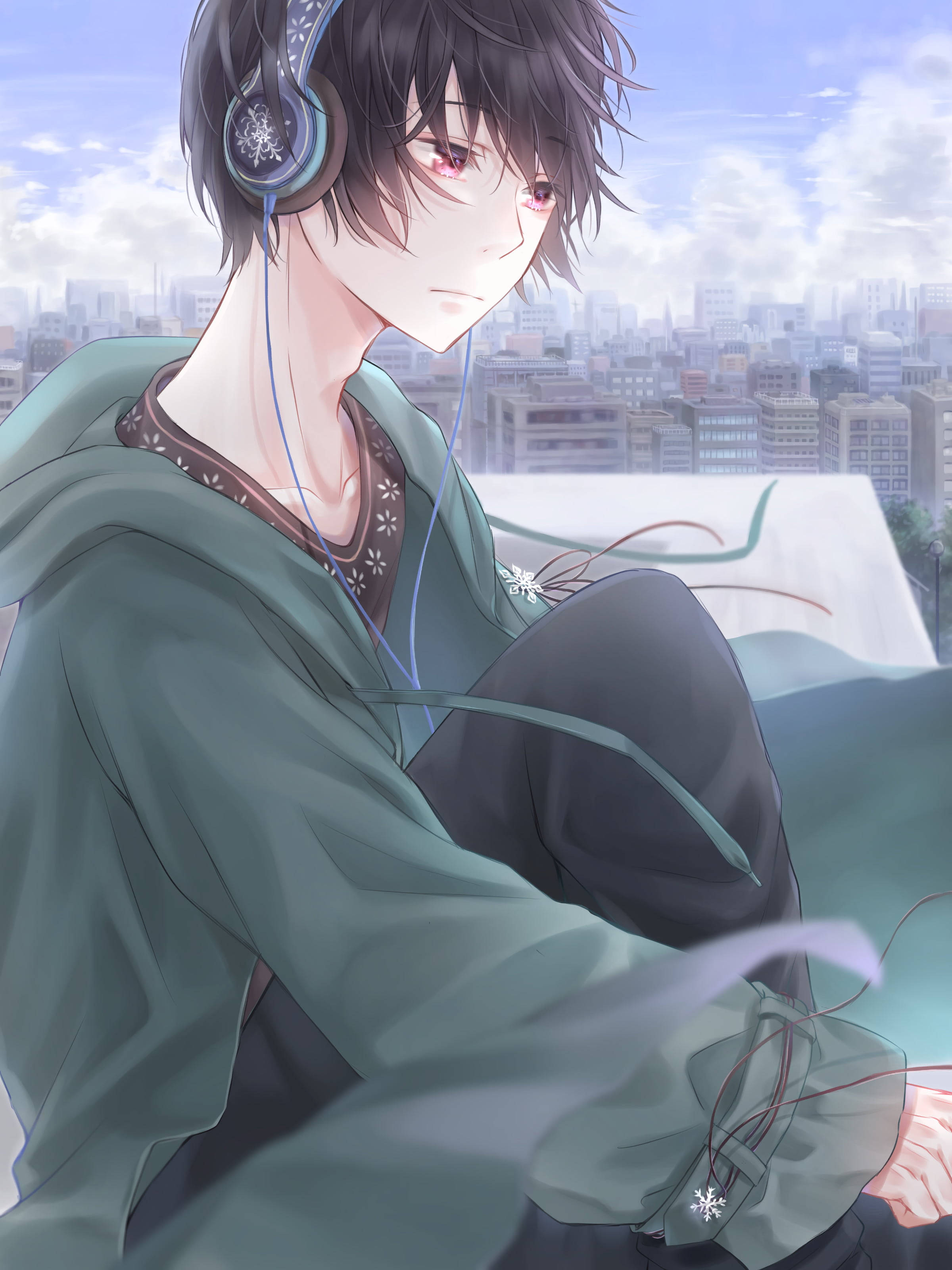 anime boy, headphones, rooftop, 2K Phone Wallpaper