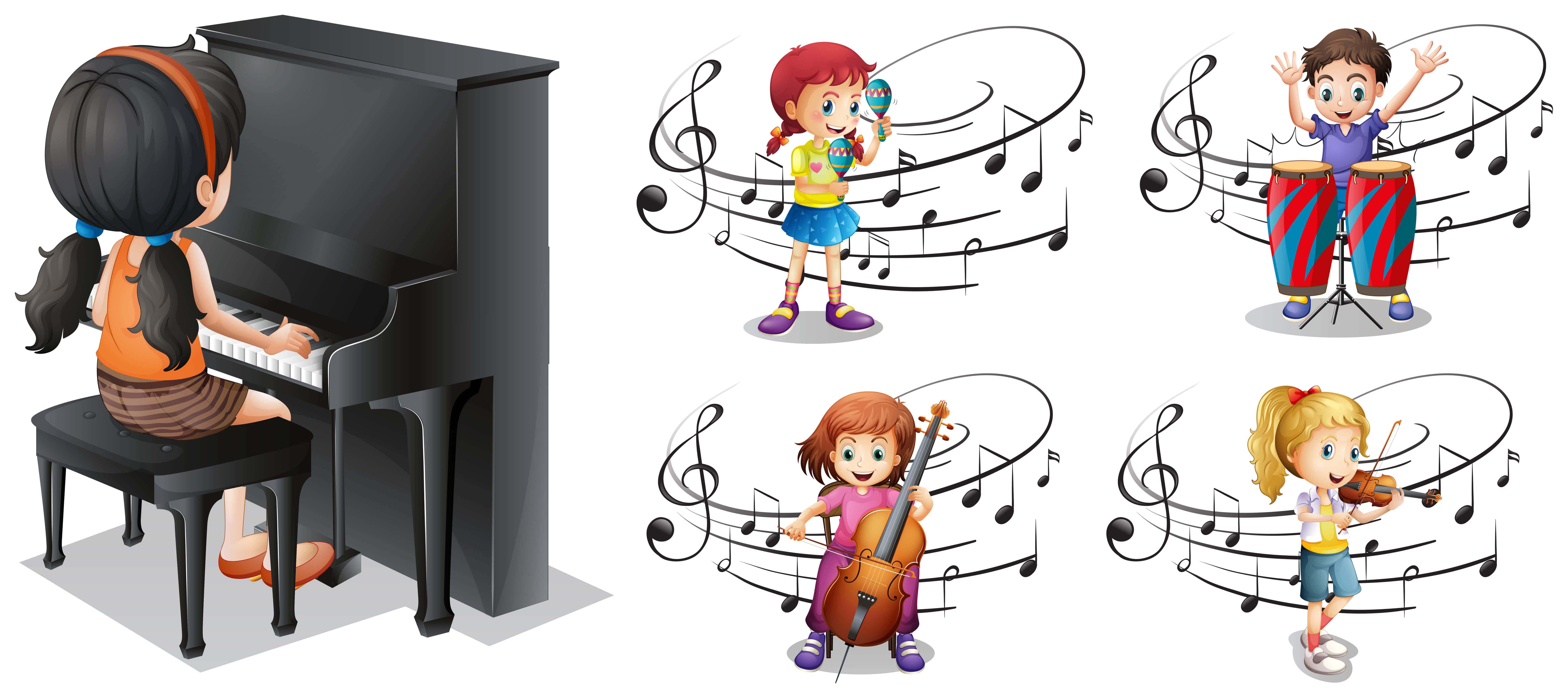 Cartoon Music, four children, musical instruments, 5K Desktop Wallpaper