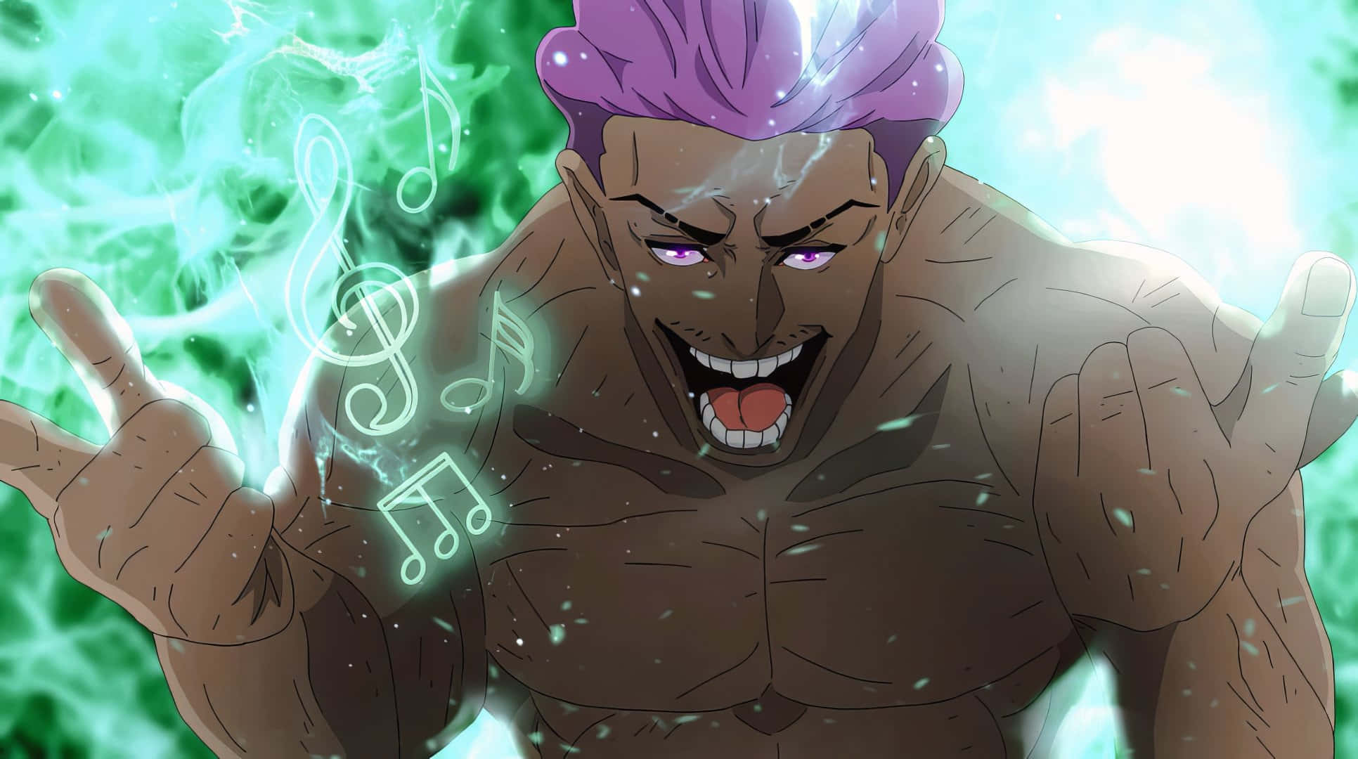 muscular anime man, purple hair, glowing green musical notes, Full HD Desktop Wallpaper