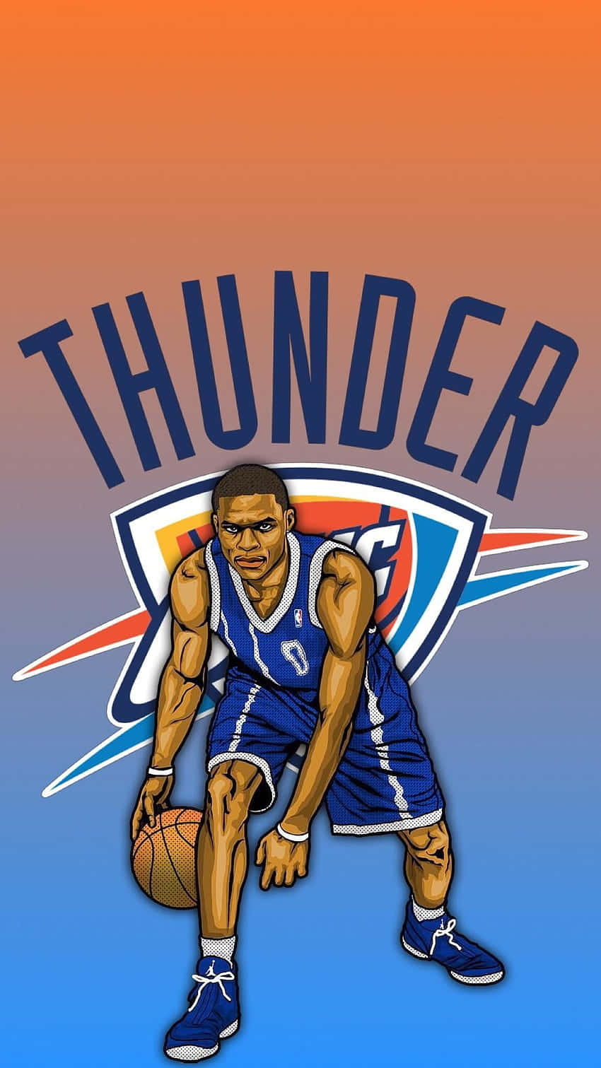 Thunder jersey, gradient orange blue background, stylized basketball player, HD Phone Wallpaper