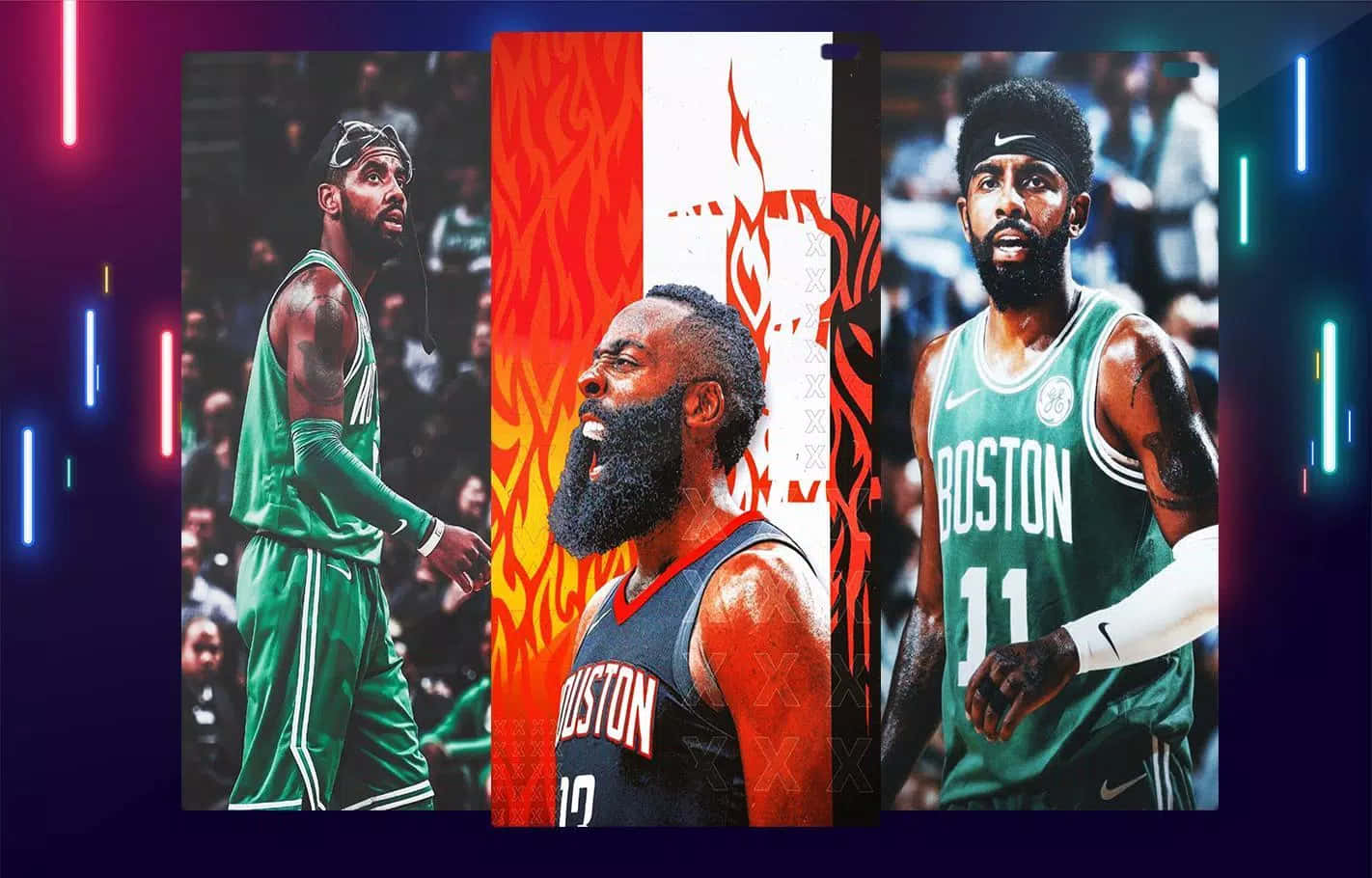 Cartoon NBA Players, green and black jerseys, neon-lit background, HD Desktop Wallpaper