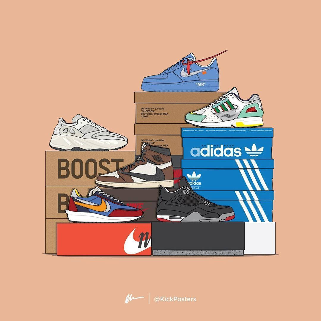 Cartoon Nike Shoes Collection, iconic sneakers, branded boxes, SD Desktop Wallpaper