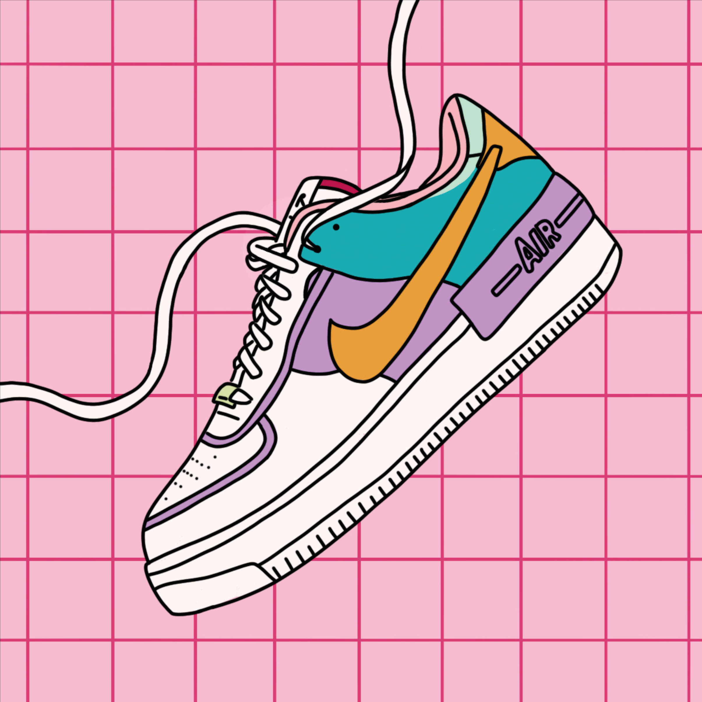 pastel cartoon nike shoes, pink grid background, floating laces, Full HD Desktop Wallpaper