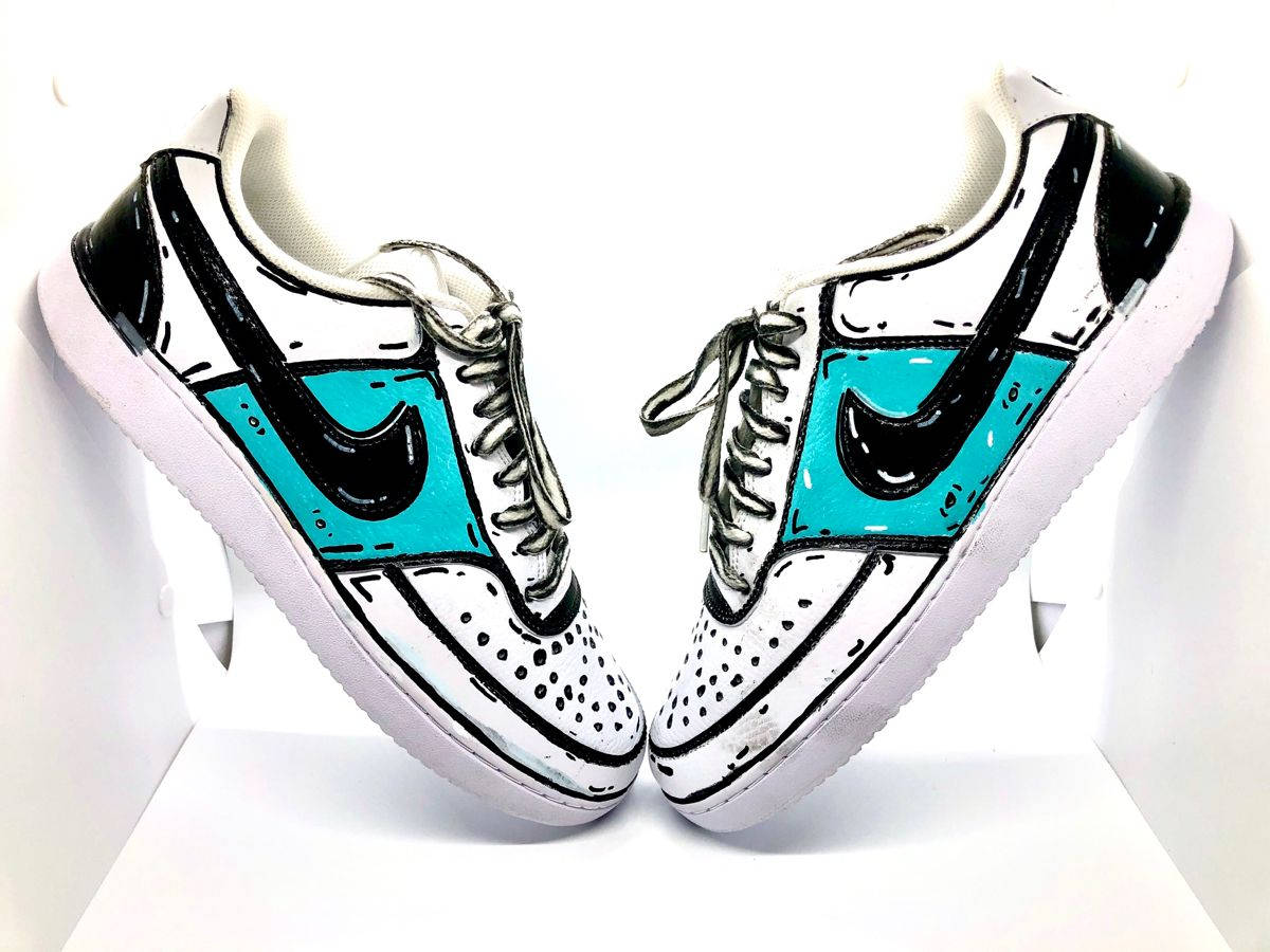 Cartoon Nike Shoes, black outlines, turquoise accents, SD Desktop Wallpaper