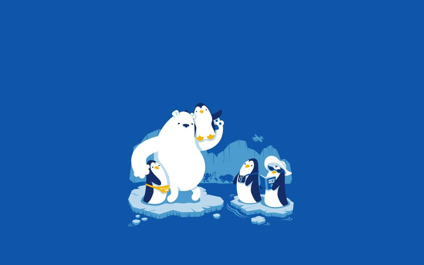cartoon polar bear, penguins, ice floes, HD Desktop Wallpaper