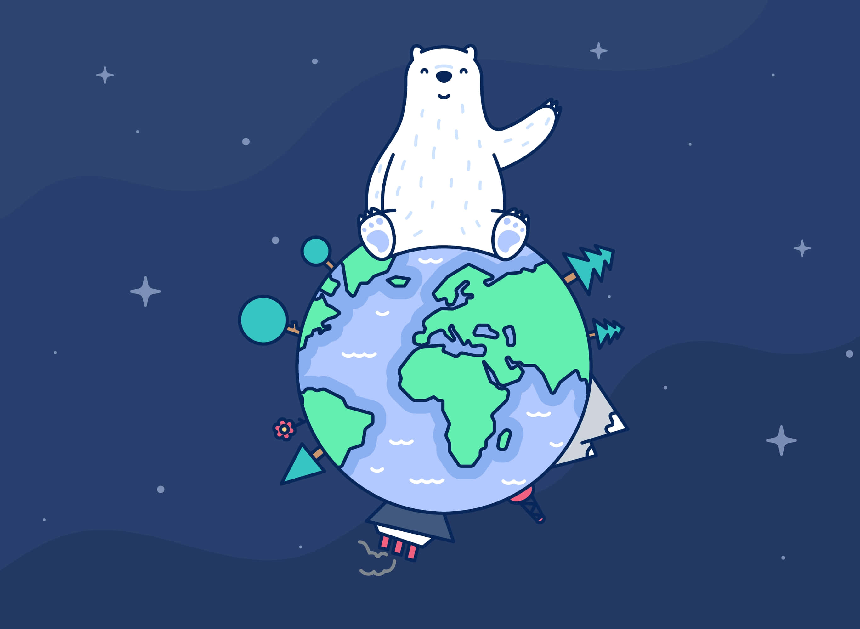 cartoon polar bear, cartoon Earth, stars, 2K Desktop Wallpaper