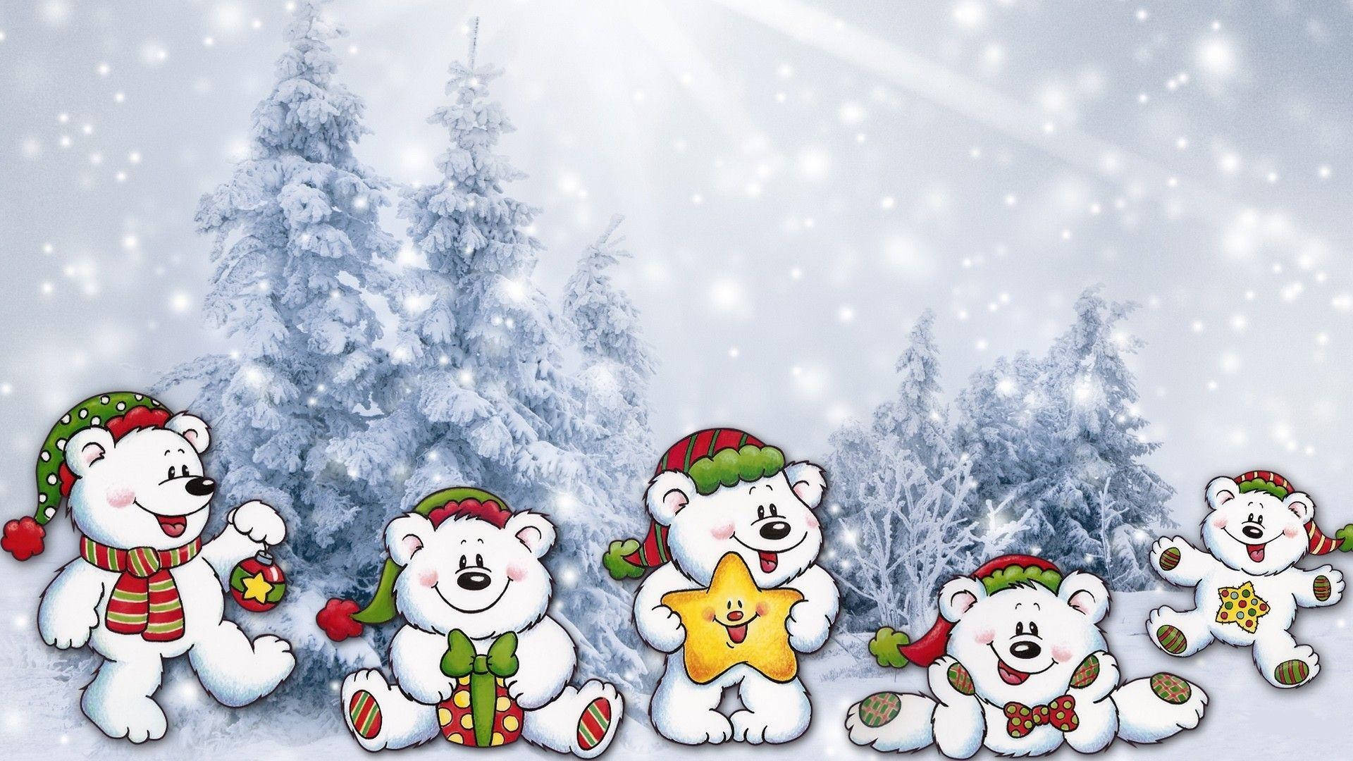 whimsical polar bears, festive hats, scarves, Full HD Desktop Wallpaper