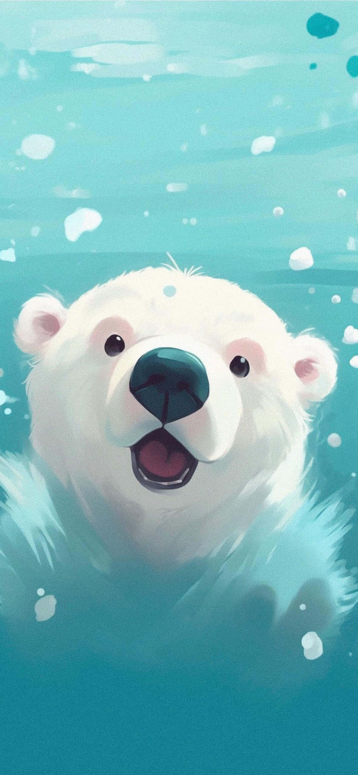 joyful polar bear, turquoise water, floating snowflakes, 2K Phone Wallpaper