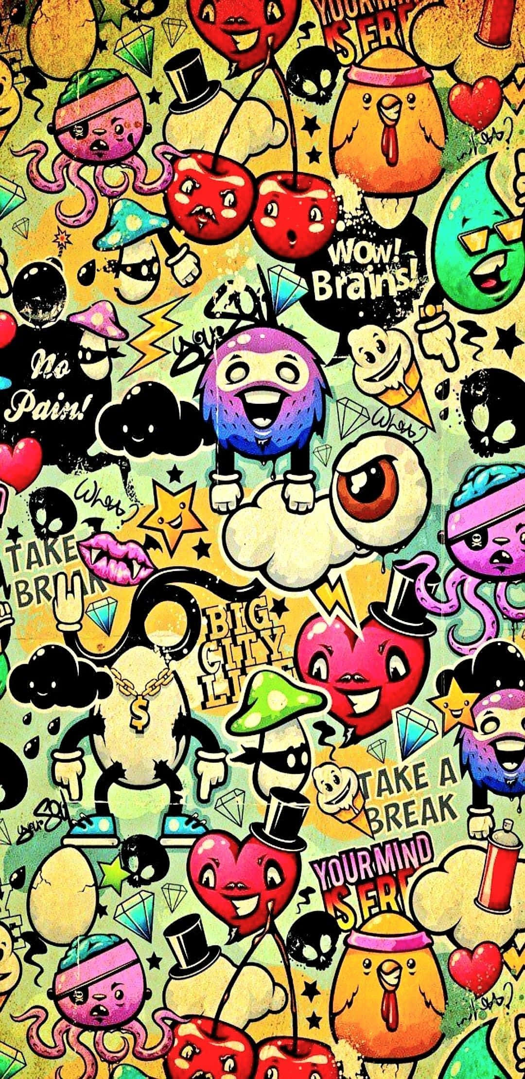 Colorful Cartoon Characters, expressive faces, bold graffiti-style text, Full HD Phone Wallpaper