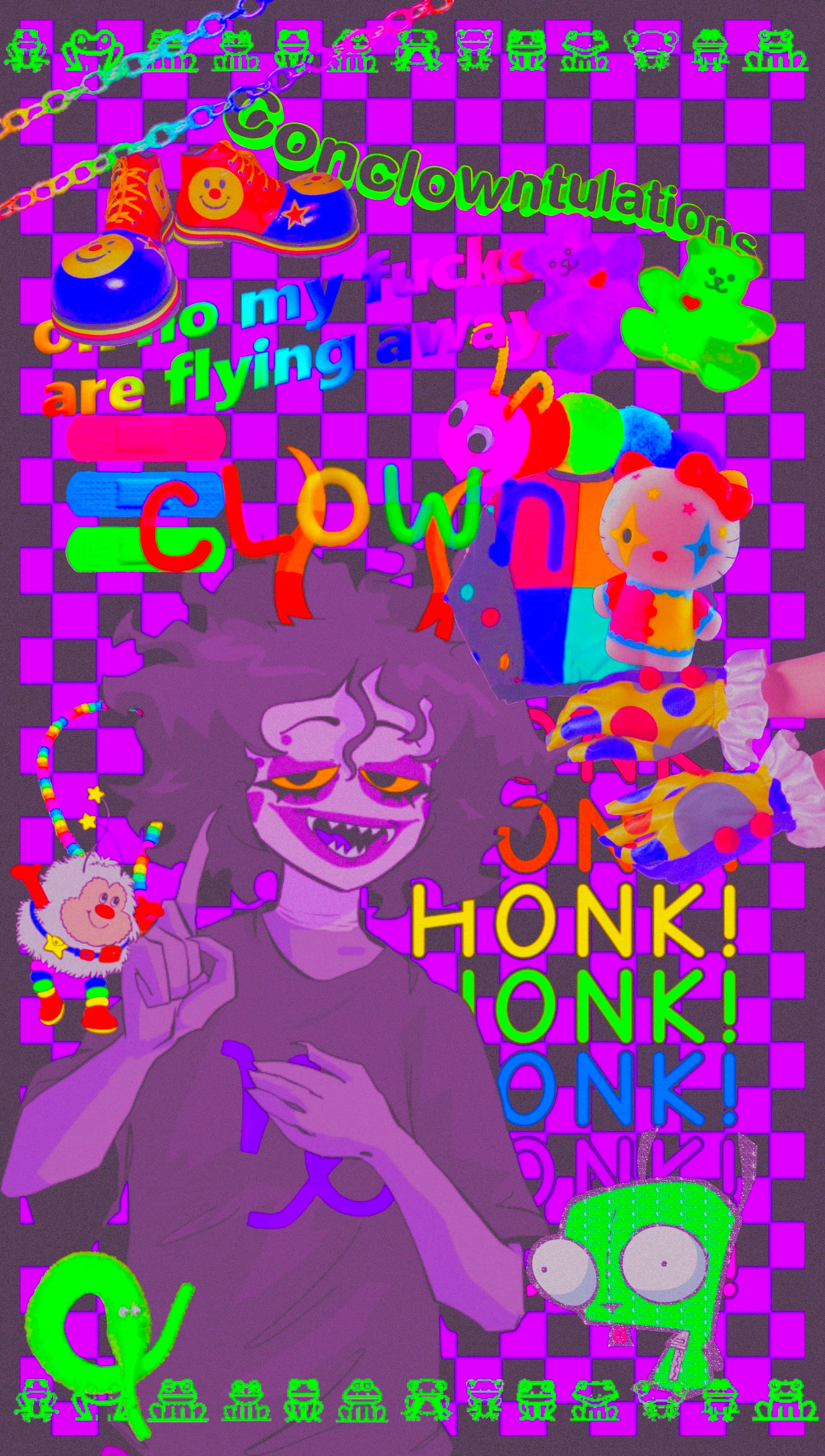 cartoon character, rainbow background, purple-skinned clown, 2K Phone Wallpaper