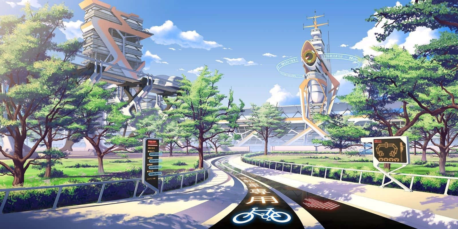 futuristic anime cityscape, glowing bike lanes, lush green trees, HD Desktop Wallpaper