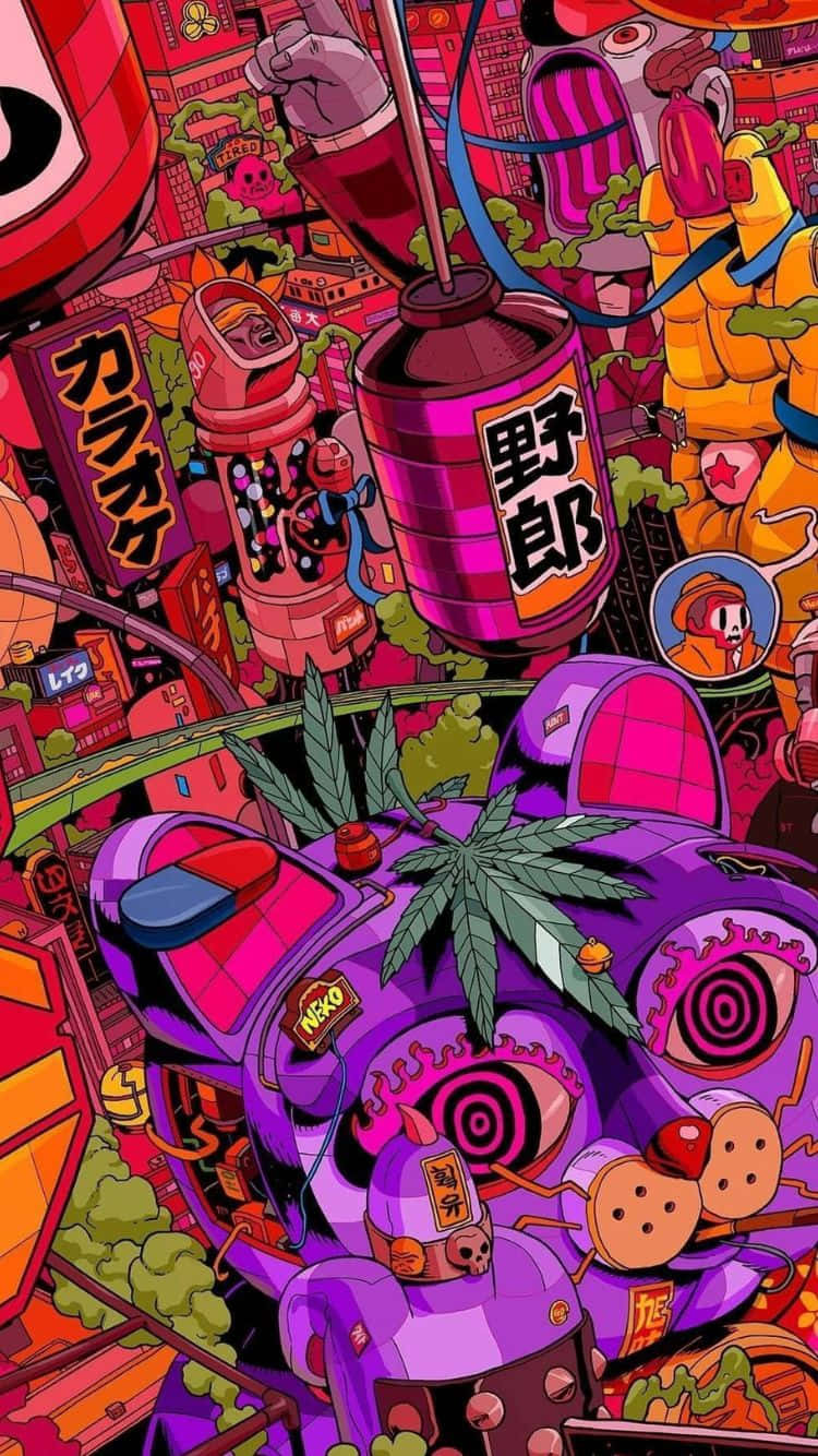 neon-drenched cyberpunk cityscape, giant anime-style characters, Japanese text, HD Phone Wallpaper