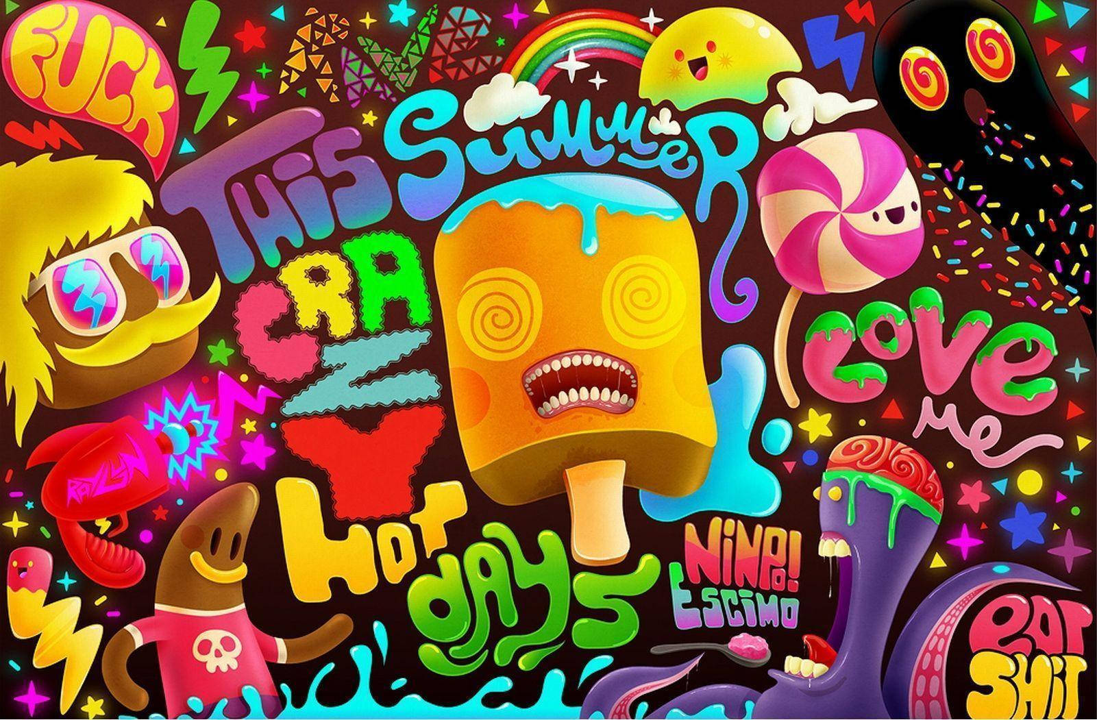 psychedelic cartoon landscape, dripping ice cream, candy, HD Desktop Wallpaper