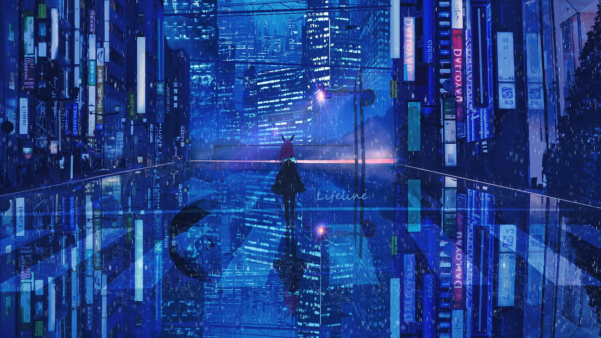 blue anime, empty city road, red hood, Full HD Desktop Wallpaper