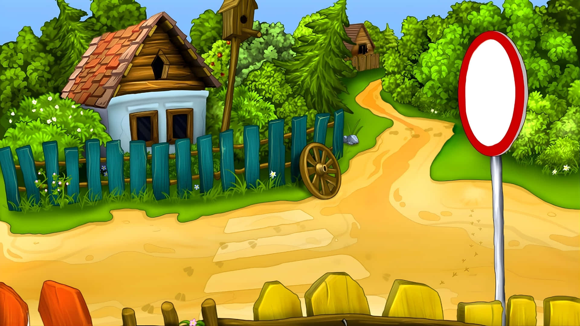 Cartoon Road, blue fence, wooden house, Full HD Desktop Wallpaper