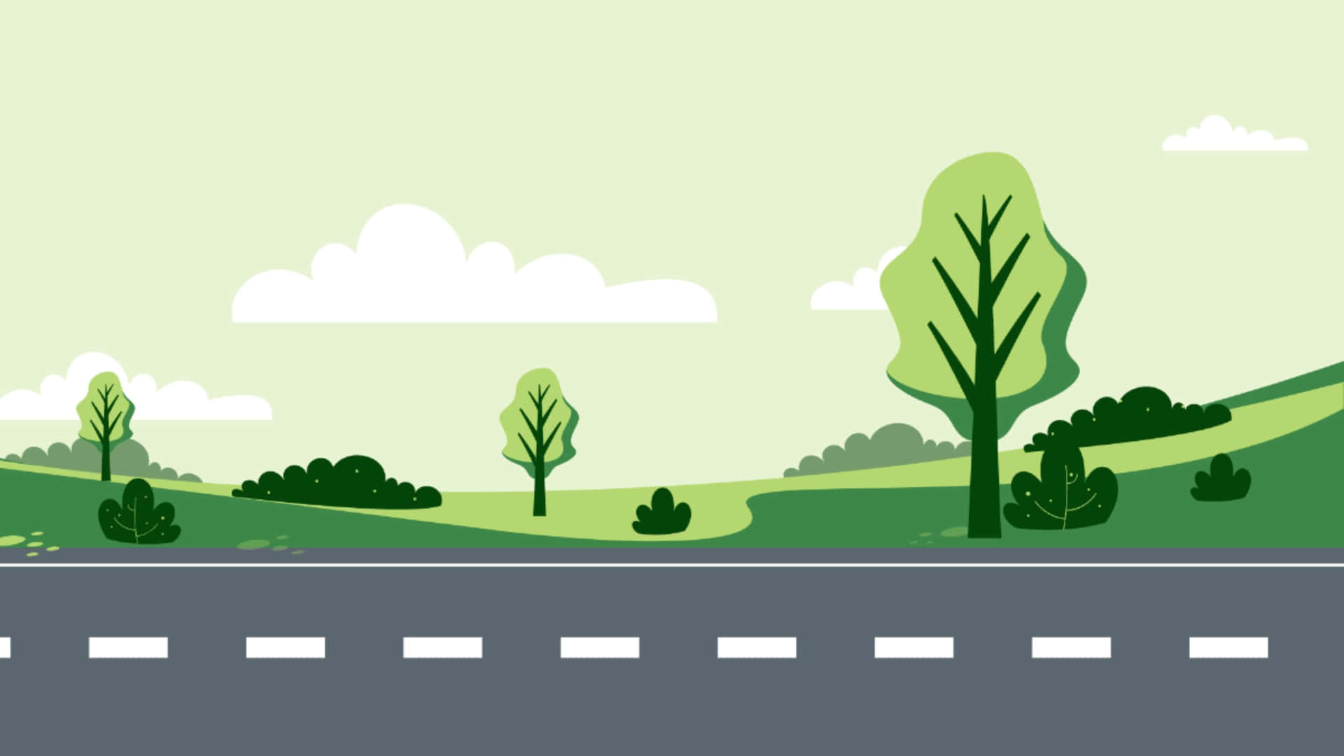 Cartoon Road, green hills, trees, Full HD Desktop Wallpaper