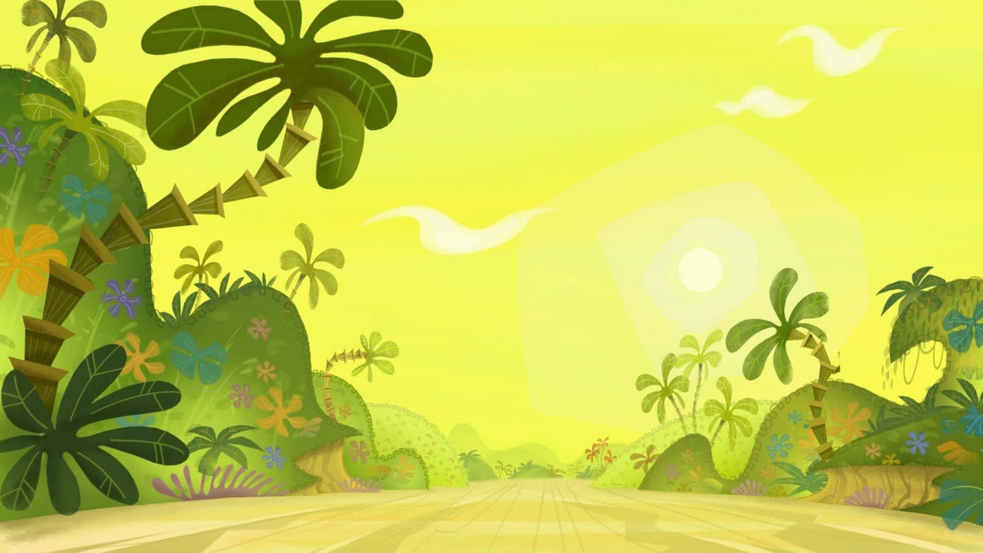 tropical cartoon road scene, cartoon jungle, palm trees, Full HD Desktop Wallpaper