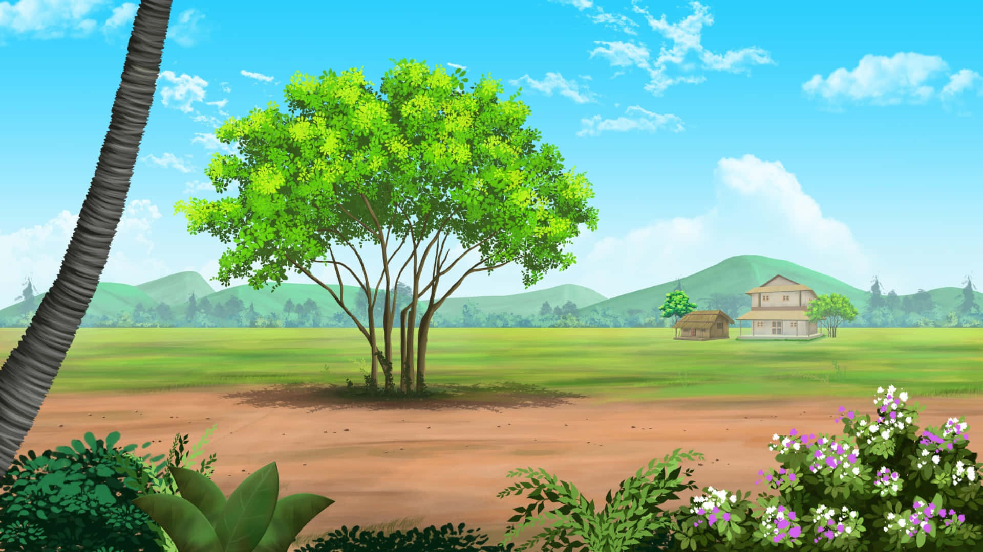 Cartoon Road, lush green tree, sunlit field, Full HD Desktop Wallpaper
