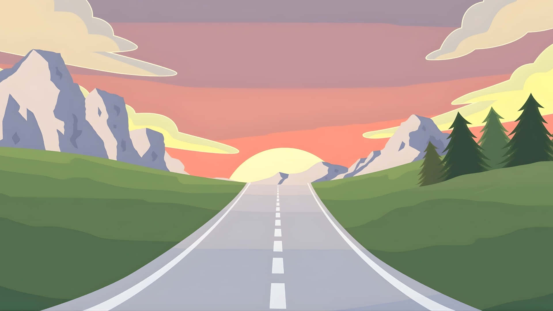 Sunset Road, mountains, green hills, Full HD Desktop Wallpaper