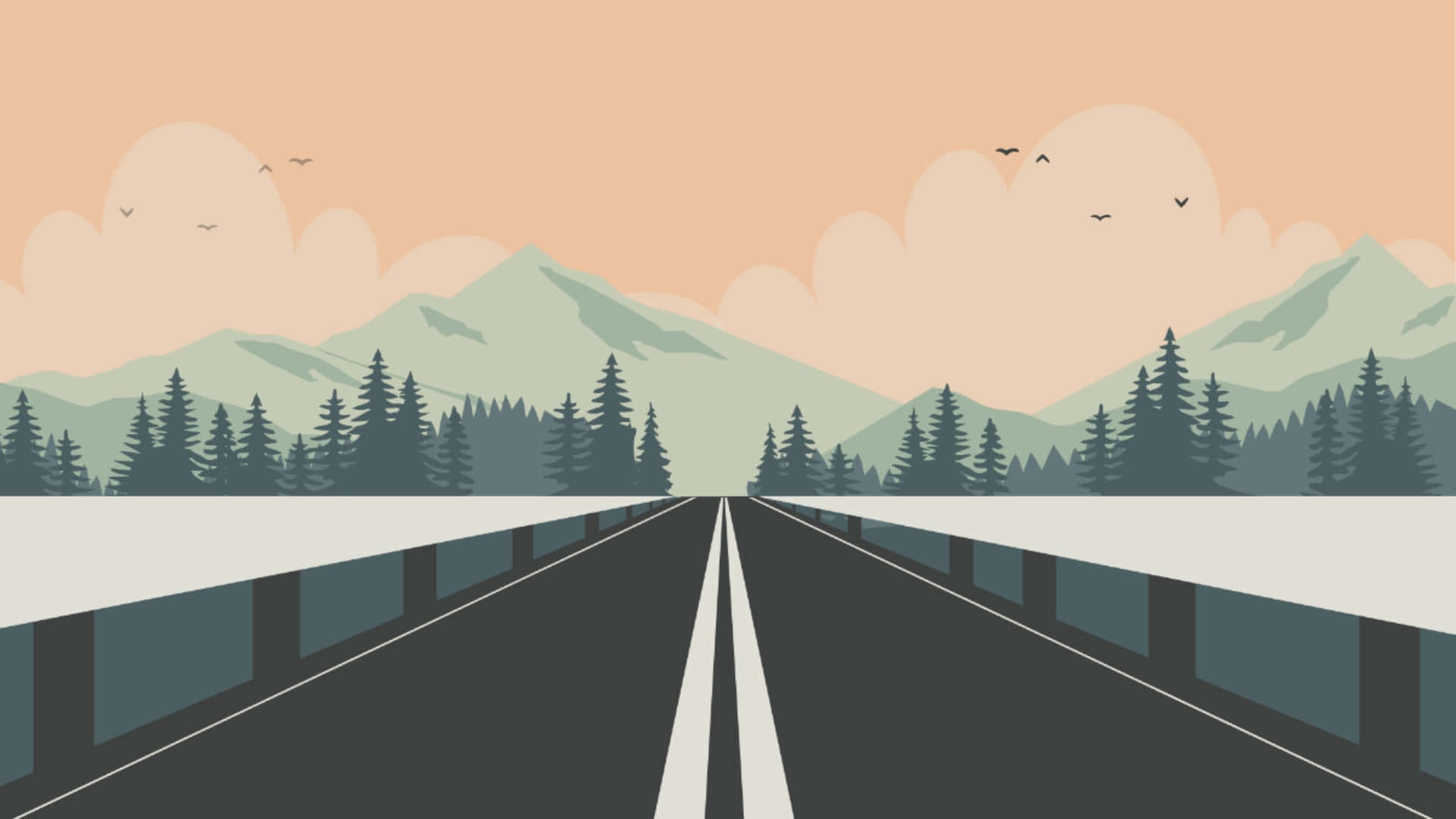 Cartoon Road, mountains, evergreen trees, Full HD Desktop Wallpaper