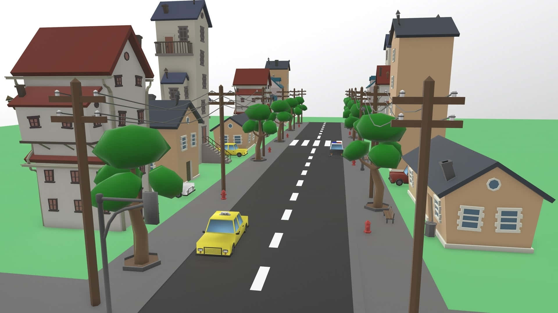Cartoon Road, yellow taxi, colorful houses, Full HD Desktop Wallpaper