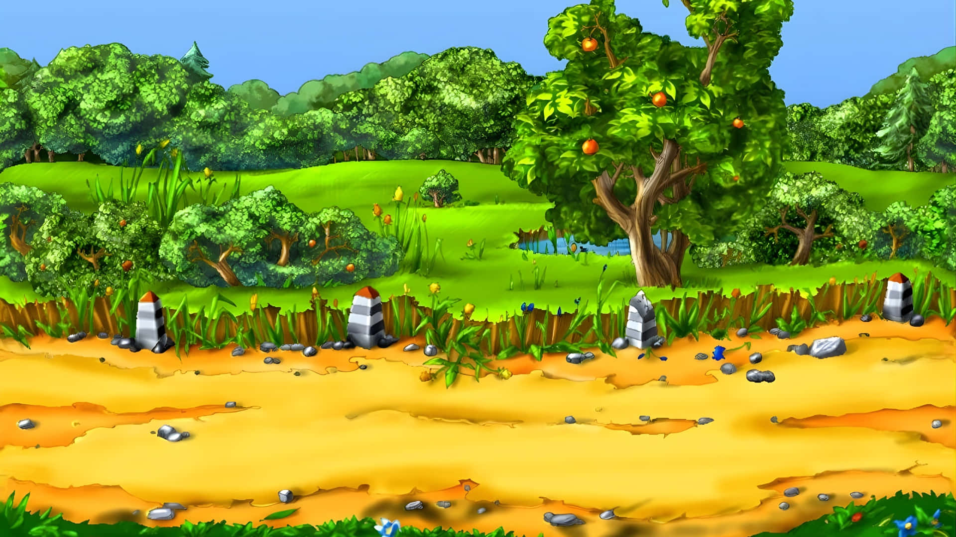 Cartoon Road, yellow dirt path, green hills, Full HD Desktop Wallpaper