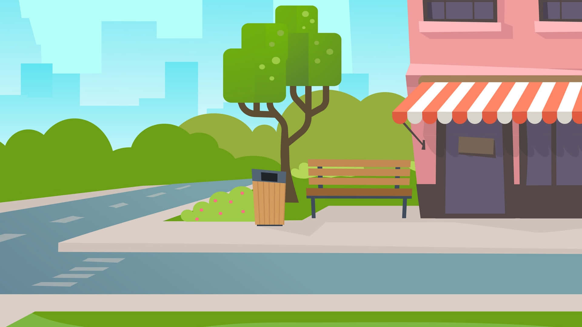 Cartoon Road, pink building, striped awning, Full HD Desktop Wallpaper
