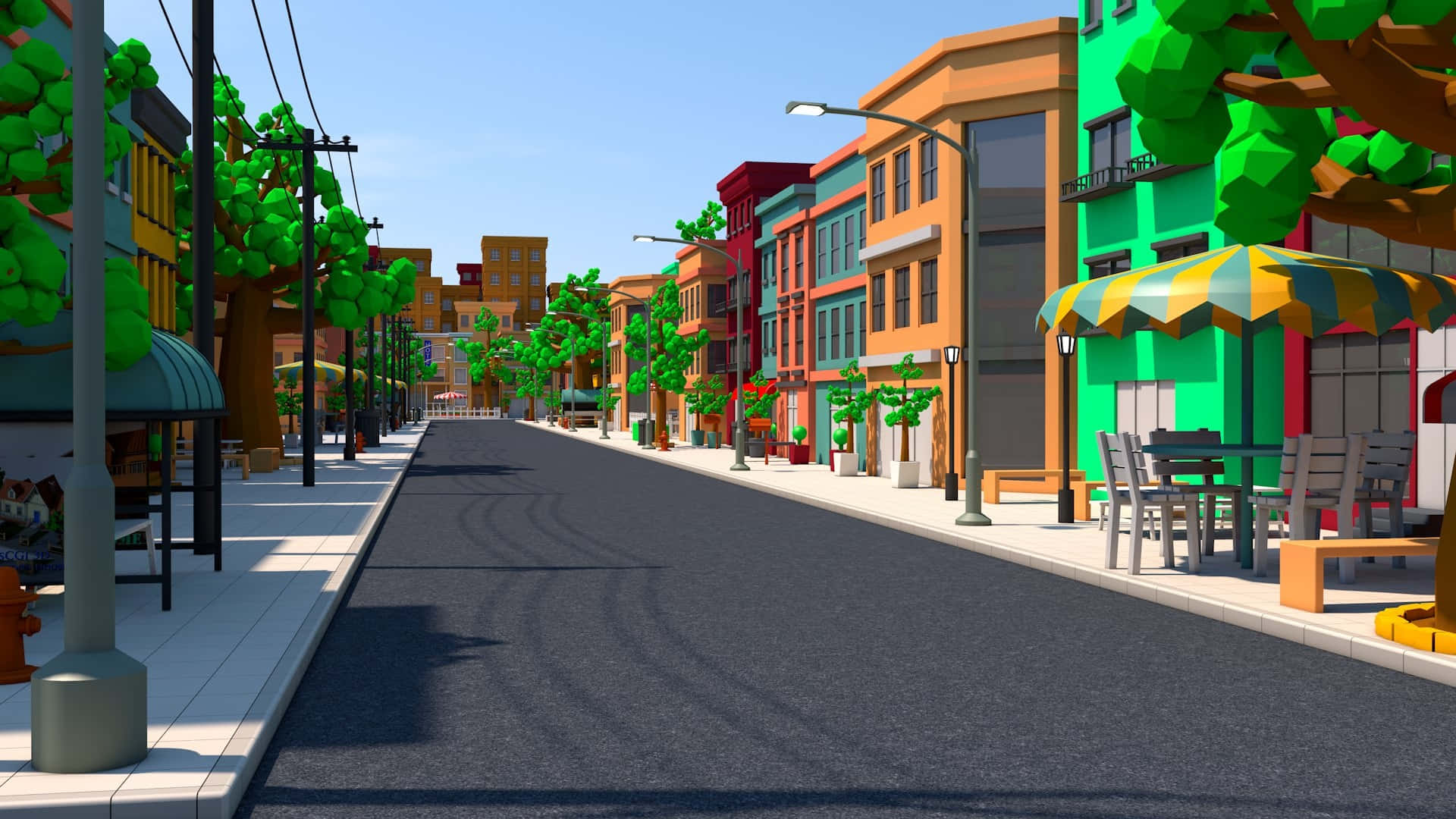 colorful cartoon city street, low-poly street scene, colorful buildings, Full HD Desktop Wallpaper