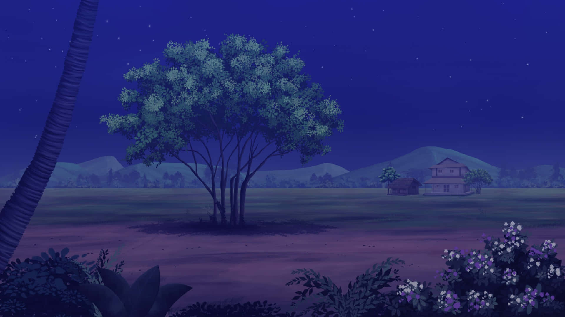 Cartoon Road, Night Scene, starry deep blue sky, Full HD Desktop Wallpaper