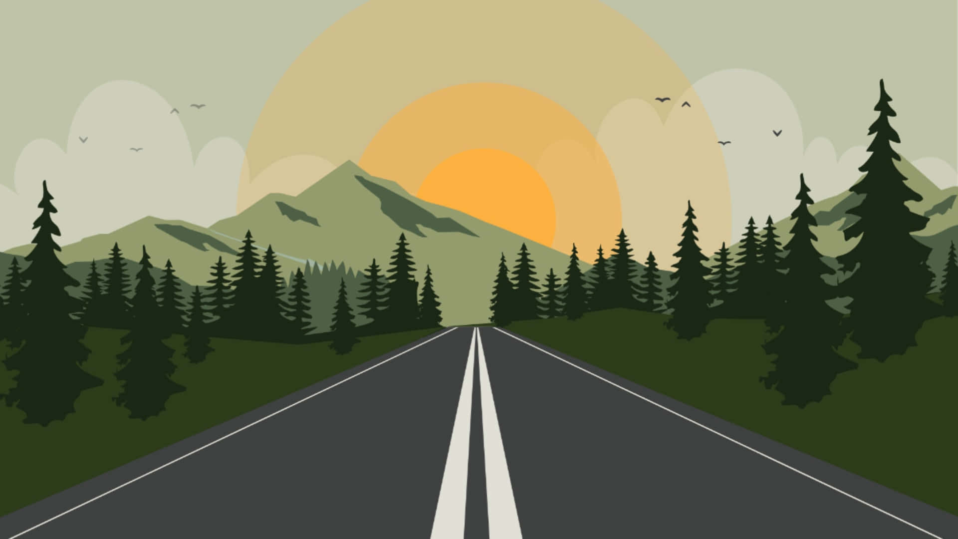 Sunset Road, forest, mountain range, Full HD Desktop Wallpaper
