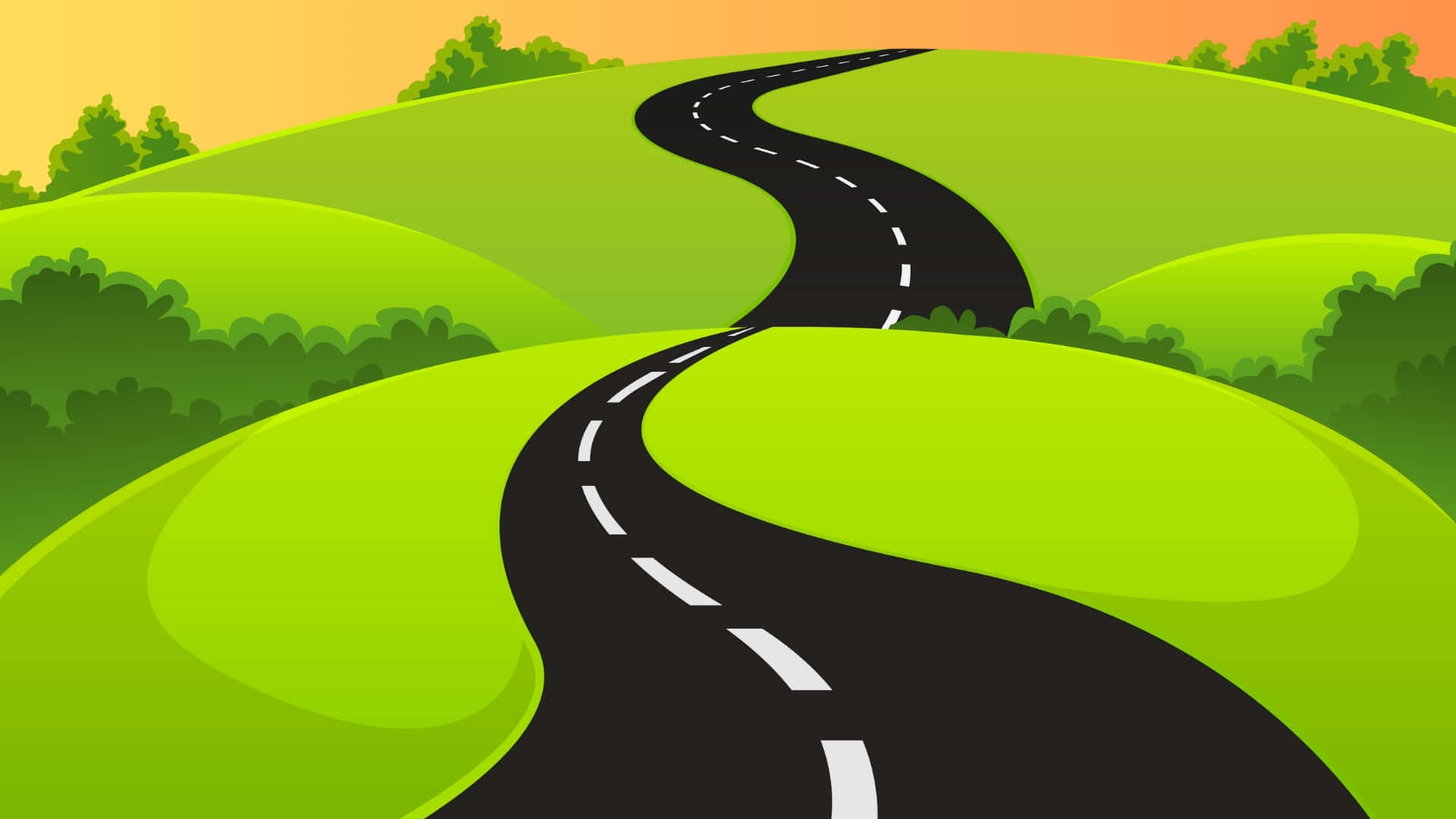 curvy cartoon road, black asphalt road, white dashed lines, Full HD Desktop Wallpaper