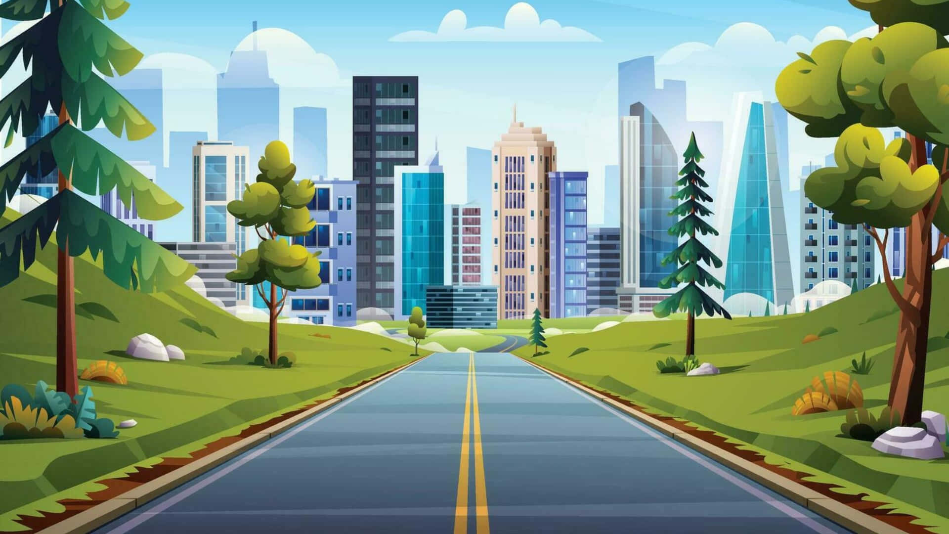 Cartoon Road, modern city skyline, green hills, Full HD Desktop Wallpaper