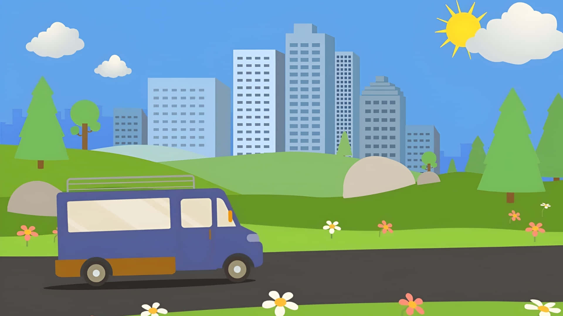 Cartoon Road, city skyline, blue van, Full HD Desktop Wallpaper