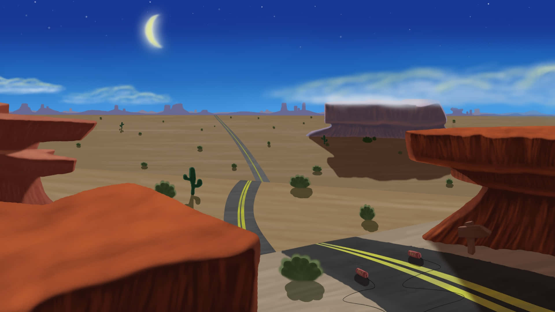 Desert Cartoon Road, crescent moon, red rock formations, Full HD Desktop Wallpaper