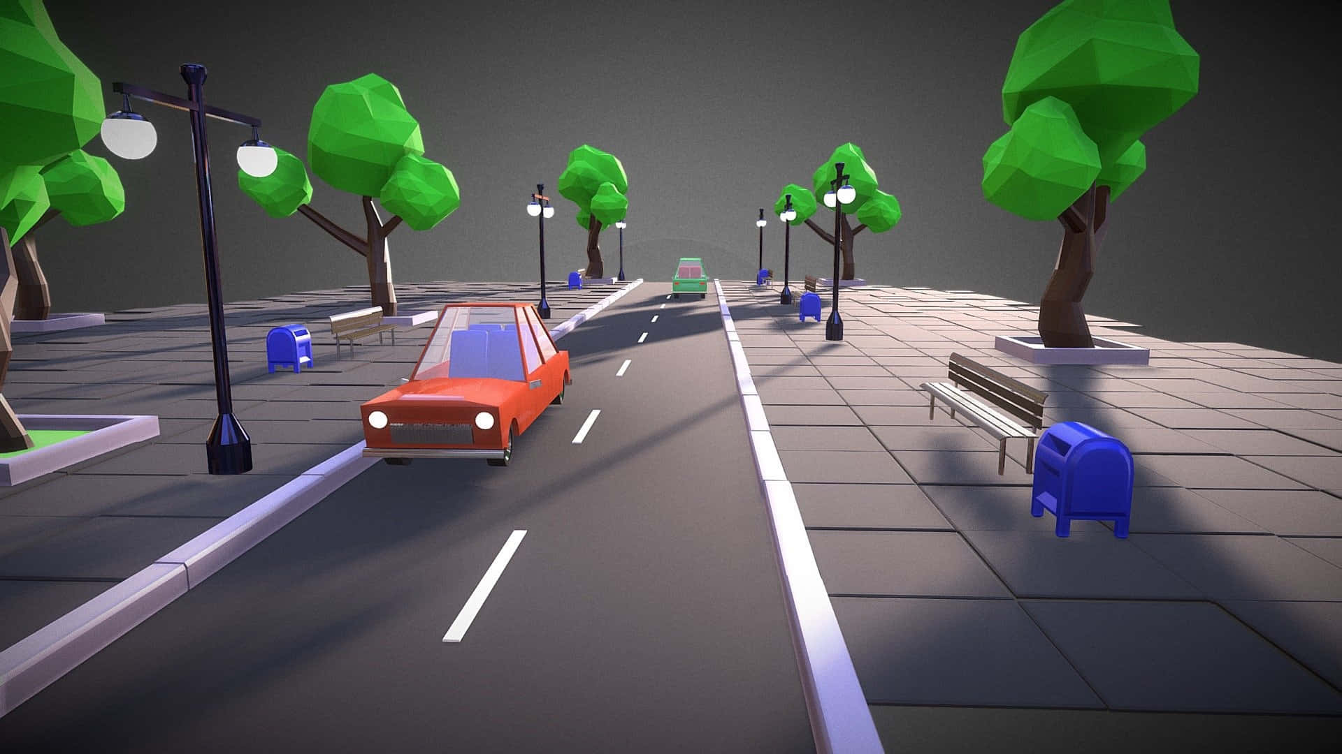 Cartoon Road, red car, gray street, Full HD Desktop Wallpaper