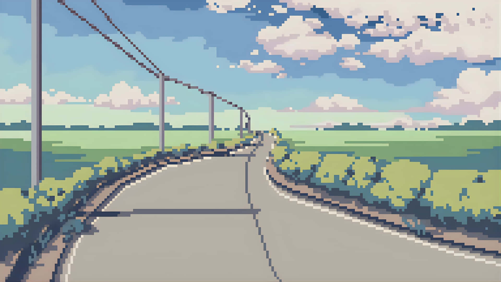 pixel art, anime road, green fields, Full HD Desktop Wallpaper