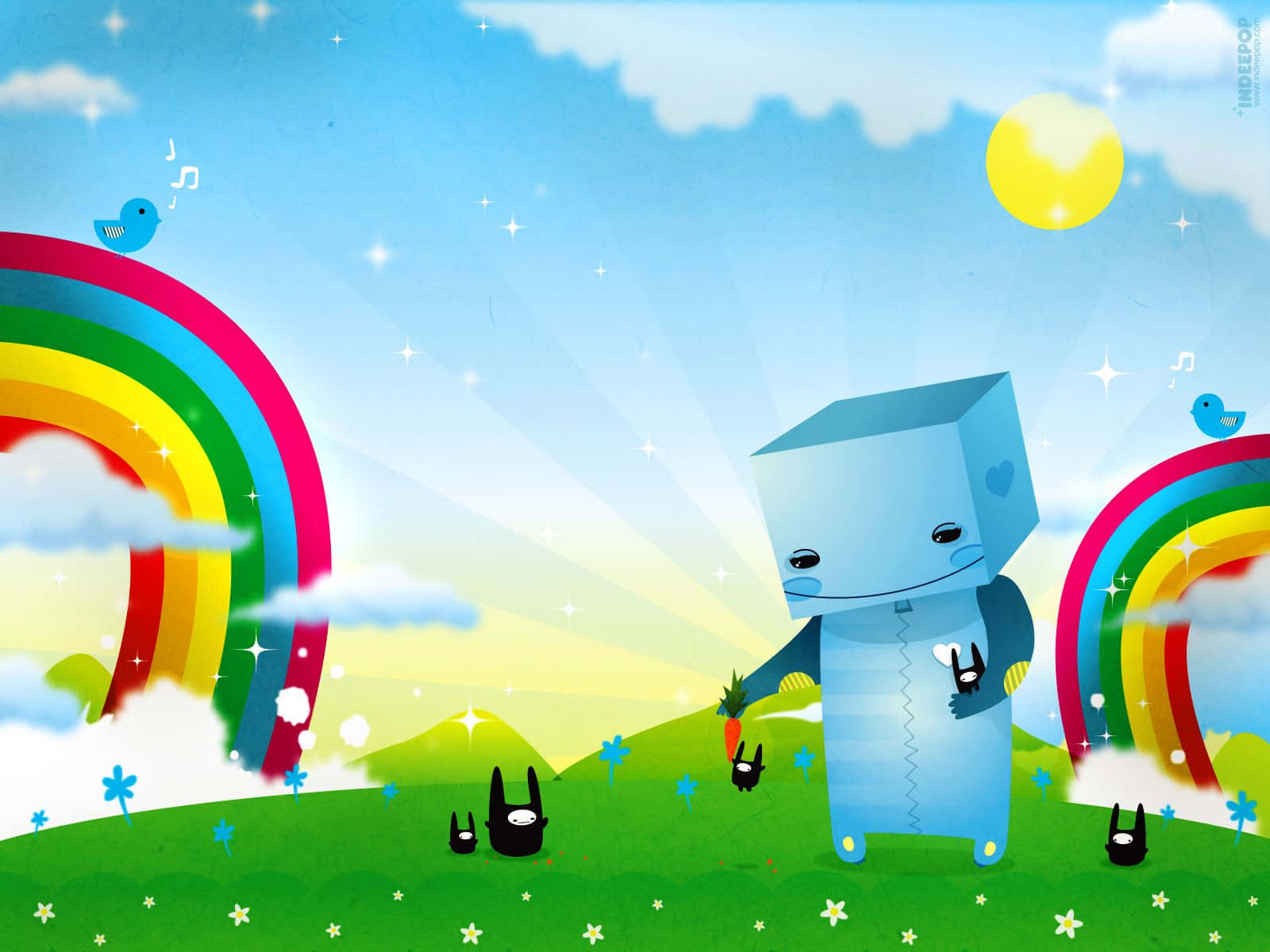 cartoon robot, blue cube, grassy hill, HD Desktop Wallpaper