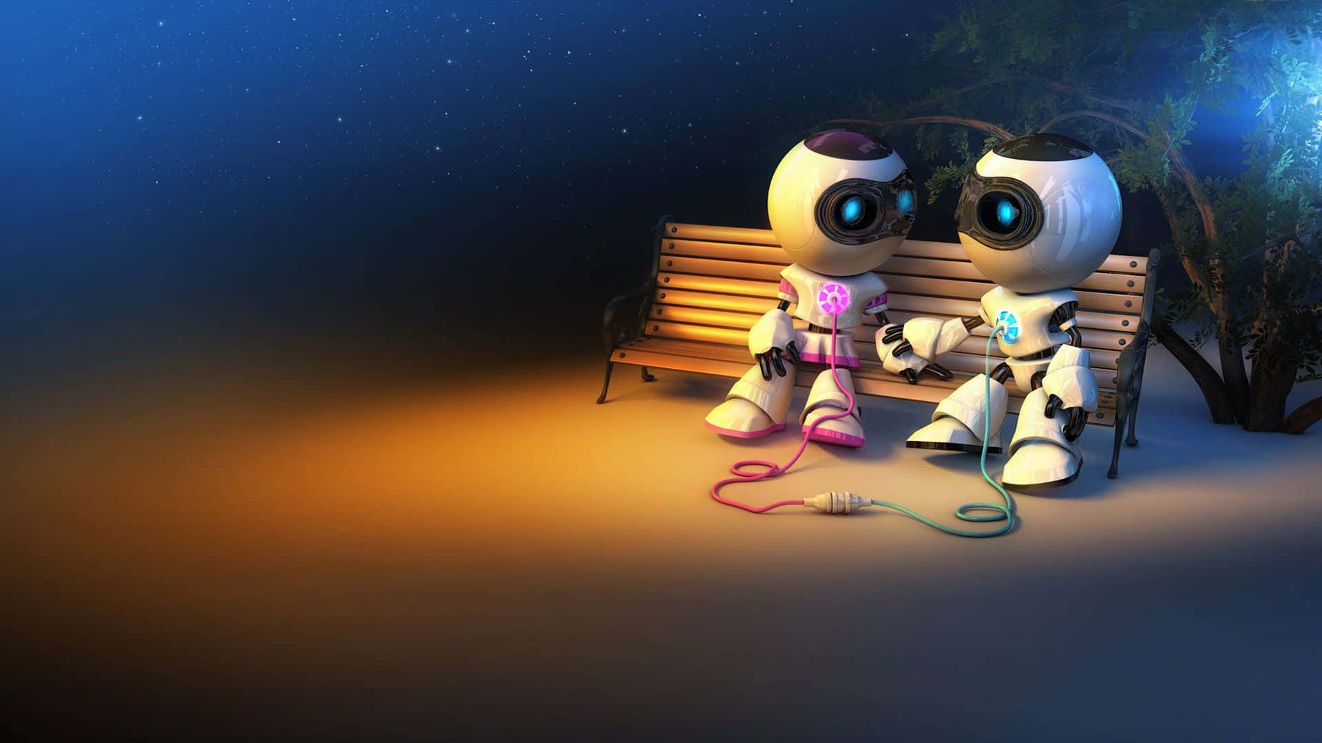 cartoon robot, white robots, wooden bench, Full HD Desktop Wallpaper