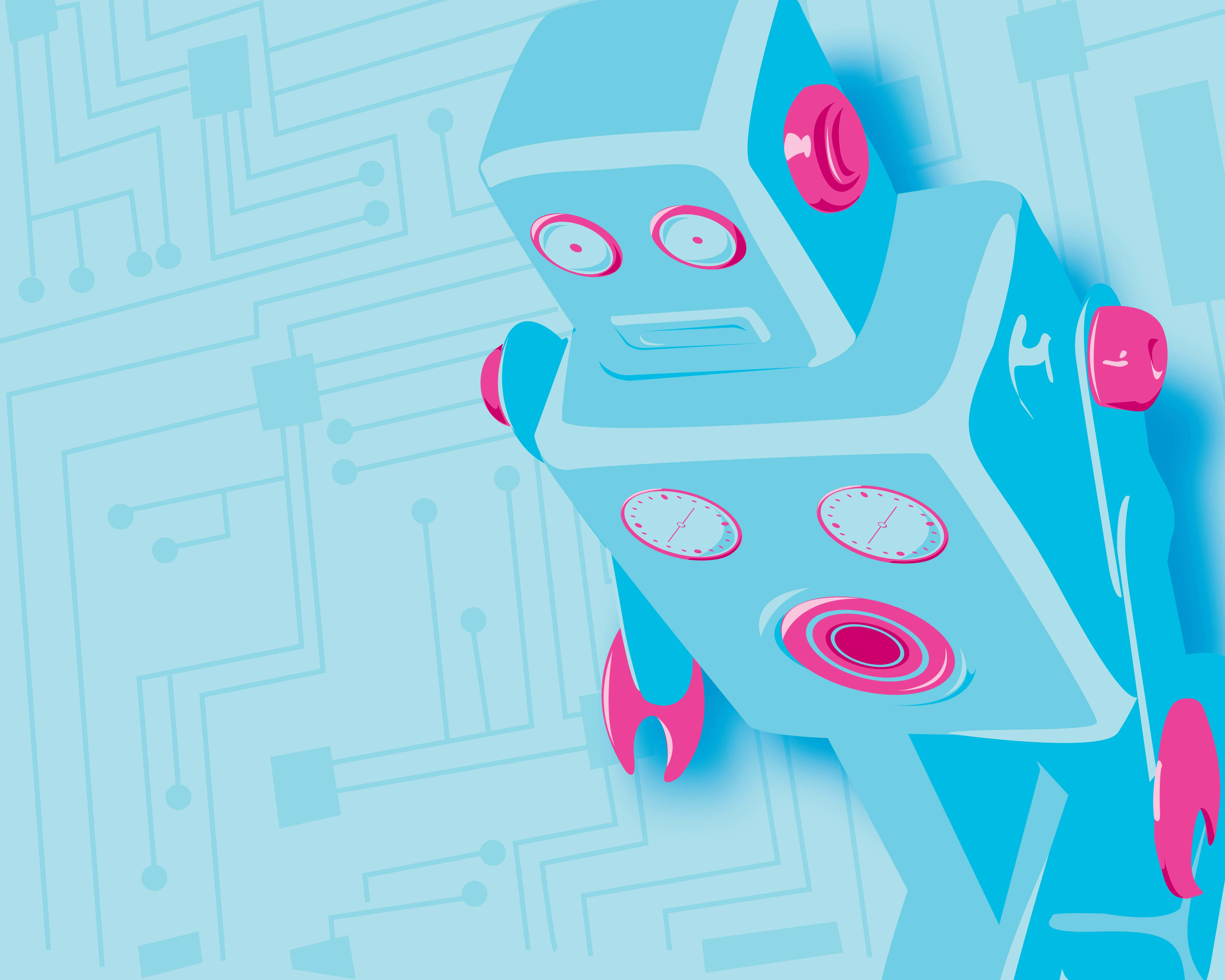 Cartoon Robot, blue, pink accents, 5K Desktop Wallpaper
